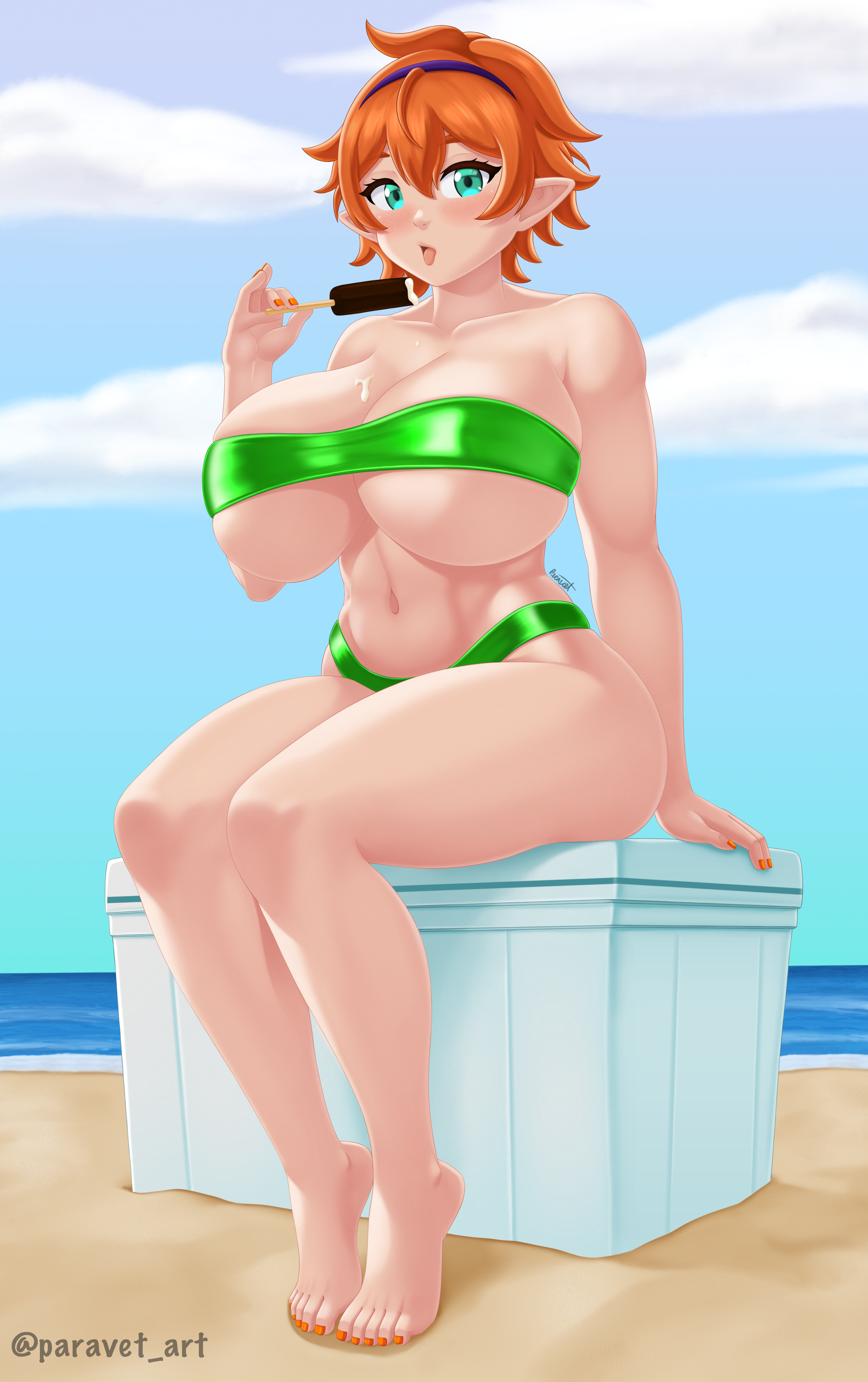 paravet, original, absurdres, highres, 1girl, aqua eyes, arm support, artist name, bare legs, bare shoulders, barefoot, beach, bikini, blush, breasts, collarbone, feet, female focus, full body, green bikini, hairband, highleg, highleg bikini, holding food, holding ice cream, huge breasts, ice cream, looking at viewer, nail polish, navel, open mouth, orange hair, orange nails, outdoors, purple hairband, sand, shore, short hair, signature, sitting, solo, strapless, strapless bikini, swimsuit, thighs, tiptoes, toenail polish, toenails, toes, tongue, tongue out, twitter username, water