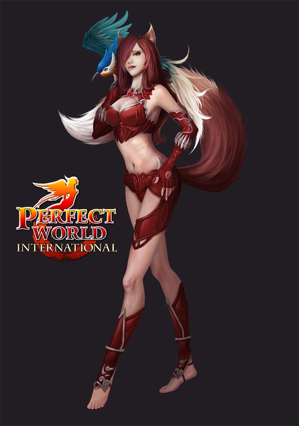 venomancer (character), perfect world, 1girl, animal ears, barefoot, bird, breasts, brown hair, cleavage, elbow gloves, female focus, fingerless gloves, fox tail, gloves, halterneck, leg warmers, logo, long hair, midriff, navel, perfect world international, solo, tail