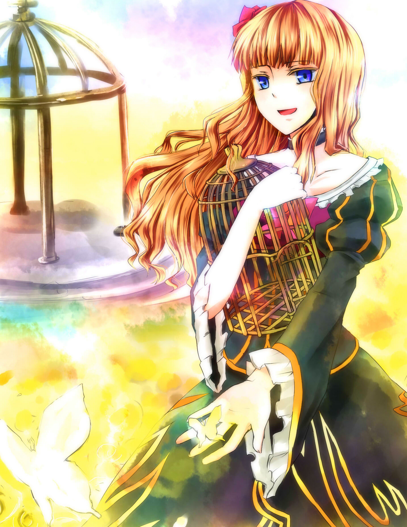 beatrice (umineko), umineko no naku koro ni, bad id, bad pixiv id, highres, alternate hairstyle, blonde hair, blue eyes, bug, butterfly, dress, flower, frills, hair down, hair ornament, insect, solo