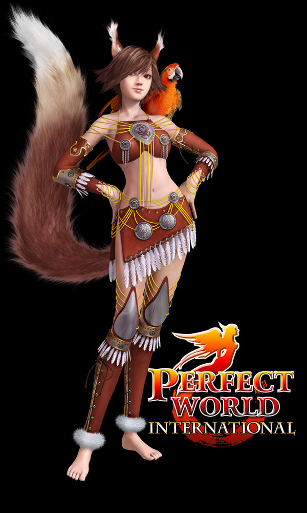 venomancer (character), perfect world, 1girl, 3d, animal ears, arm warmers, barefoot, bird, brown hair, feathers, female focus, full body, hands on own hips, leg warmers, logo, midriff, parrot, perfect world international, short hair, simple background, solo, standing, tail