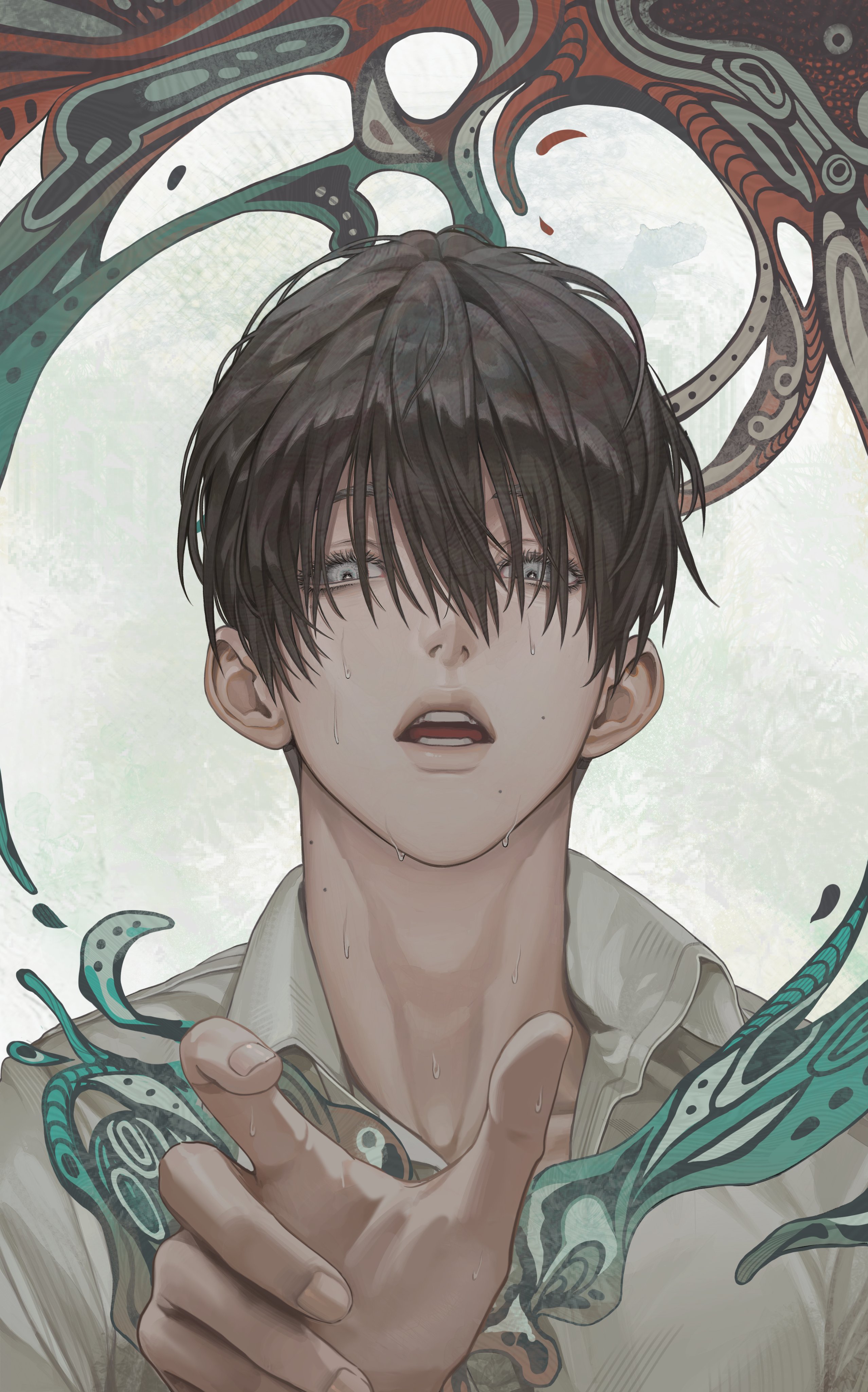 tsujinaka yoshiki, hikaru ga shinda natsu, absurdres, hashtag-only commentary, highres, 1boy, black hair, body horror, collared shirt, grey eyes, hair between eyes, heng (hang 1004), looking at viewer, male focus, mole, mole on cheek, mole on neck, multiple moles, open mouth, outstretched hand, school uniform, shirt, short hair, solo, wet, white shirt