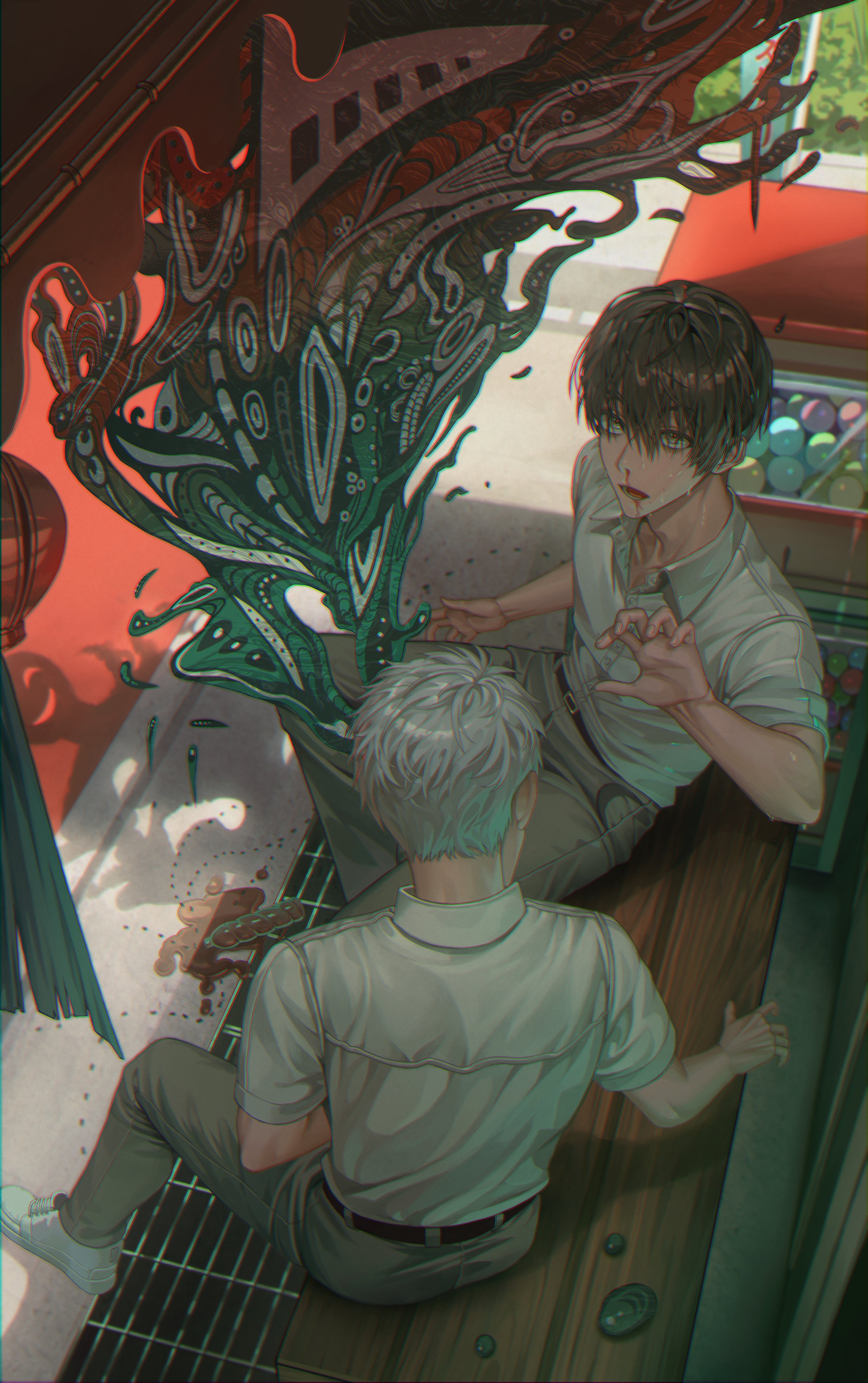 indou hikaru, tsujinaka yoshiki, hikaru ga shinda natsu, absurdres, hashtag-only commentary, highres, 2boys, bench, black hair, blood, blood from mouth, body horror, collared shirt, grey eyes, grey hair, grey pants, hair between eyes, heng (hang 1004), male focus, multiple boys, nosebleed, open mouth, pants, school uniform, shirt, shoes, short hair, short sleeves, sitting, sneakers, white shirt, white shoes