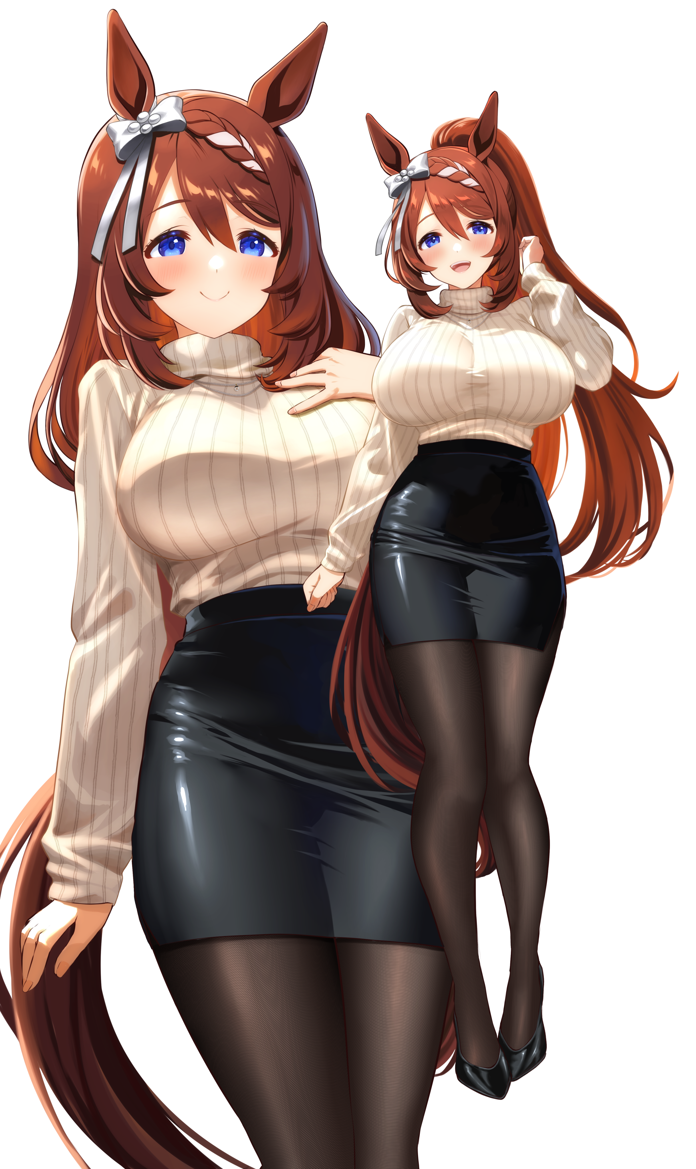 narumi yuzurai, super creek (umamusume), umamusume, absurdres, commentary request, highres, 1girl, alternate costume, animal ears, black pantyhose, black shoes, black skirt, blue eyes, blush, bow, braid, braided bangs, breasts, brown hair, closed mouth, ear bow, full body, hair between eyes, hand up, high heels, horse ears, horse girl, horse tail, large breasts, long hair, long sleeves, looking at viewer, multicolored hair, multiple views, open mouth, pantyhose, pencil skirt, ponytail, ribbed sweater, shoes, simple background, skirt, smile, streaked hair, sweater, tail, teeth, turtleneck, turtleneck sweater, upper teeth only, white background, white bow, white streaks, white sweater