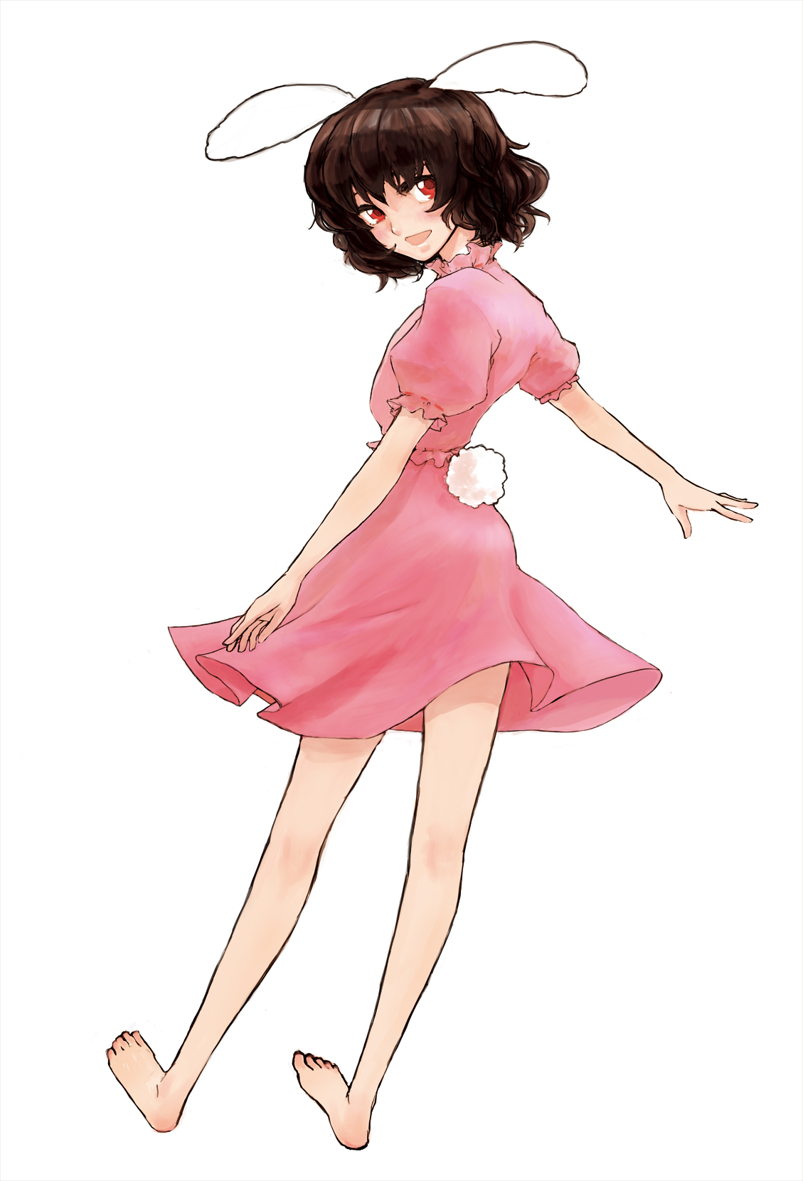 aturou0129, inaba tewi, touhou, highres, 1girl, animal ears, barefoot, brown hair, dress, feet, female focus, full body, legs, looking back, rabbit ears, rabbit girl, rabbit tail, red eyes, short hair, simple background, smile, solo, tail, white background
