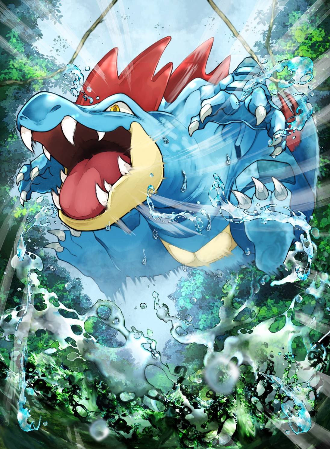 iroha nibi, feraligatr, nintendo, pokemon, highres, blue skin, brown eyes, claws, colored skin, day, fangs, gen 2 pokemon, no humans, open mouth, outdoors, pokemon (creature), solo, tree