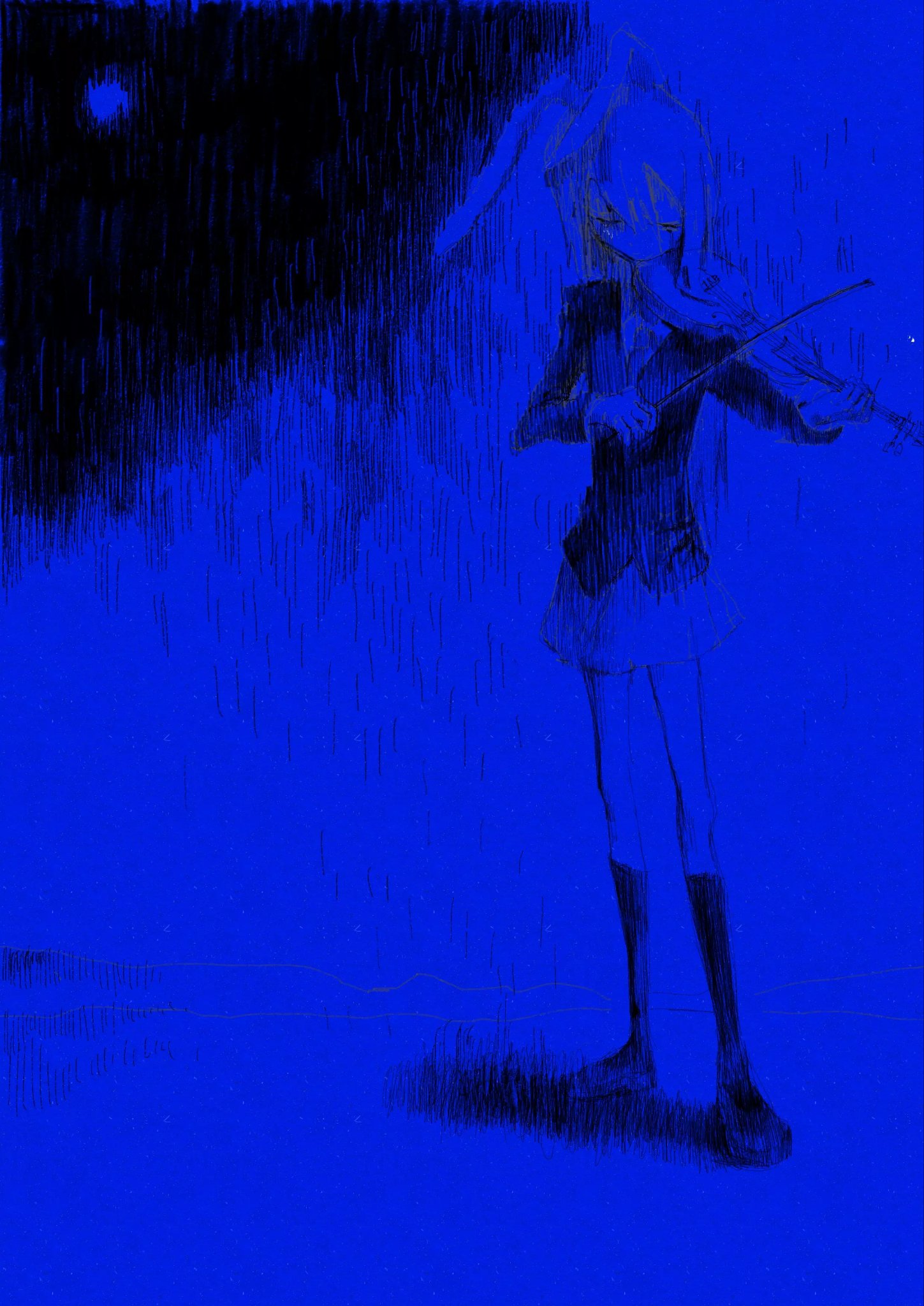 reisen udongein inaba, touhou, hashtag-only commentary, highres, 1girl, animal ears, blue theme, boots, closed eyes, fabit609, facing viewer, formal clothes, full body, hatching (texture), holding, holding instrument, holding violin, instrument, linear hatching, medium hair, miniskirt, monochrome, music, playing instrument, rabbit ears, shadow, shirt, skirt, solo, standing, suit, violin