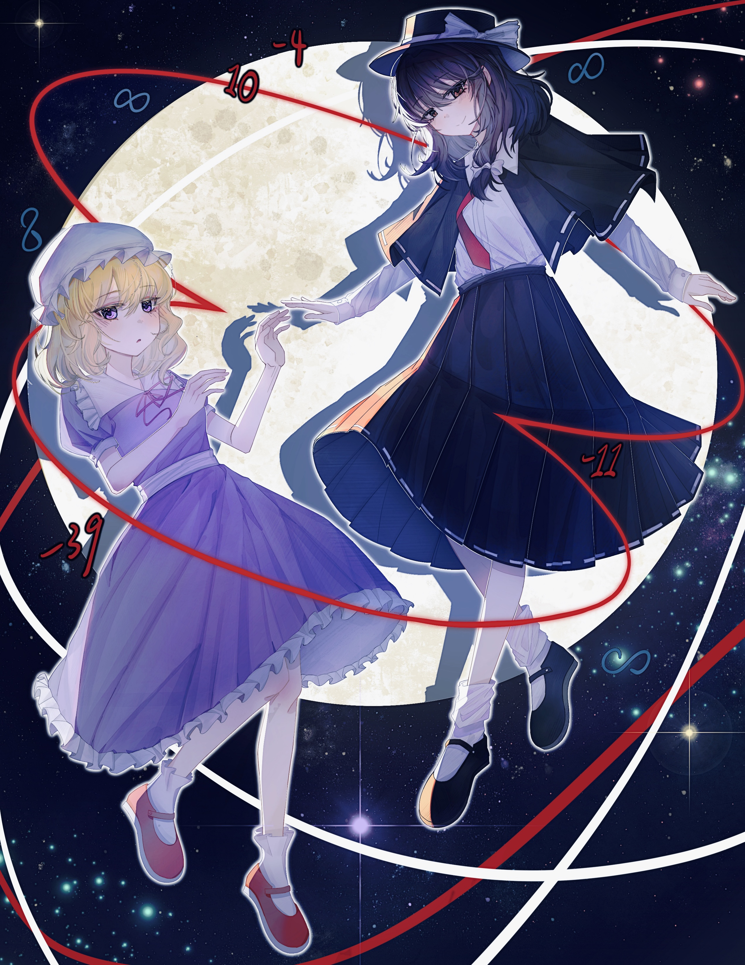 maribel hearn, usami renko, magical astronomy, touhou, absurdres, commentary, highres, 2girls, :o, black capelet, black hat, black shoes, black skirt, blonde hair, blush, bow, brown eyes, brown hair, capelet, closed mouth, collared dress, collared shirt, contrast collar, dress, drop shadow, floating, frilled dress, frilled shirt collar, frills, hair bow, hat, hat bow, long sleeves, looking at viewer, mary janes, mob cap, moon, multiple girls, neck ribbon, necktie, open mouth, purple eyes, red necktie, red ribbon, red shoes, ribbon, ribbon-trimmed capelet, ribbon-trimmed skirt, ribbon trim, sash, shadow, shirt, shirt tucked in, shoes, short hair, short sleeves, skirt, smile, socks, space, user aett5533, white hat, white sash, white shirt, white socks