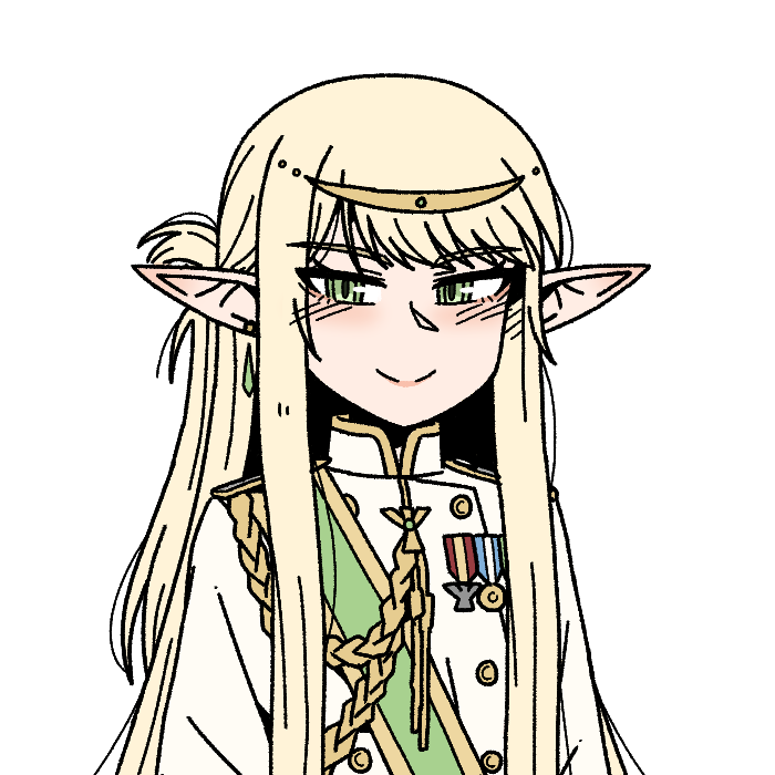 karepack, original, 1girl, blonde hair, earrings, elf, green eyes, hair ornament, jacket, jewelry, long hair, military jacket, pointy ears, queen eleonora (karepack), sidelocks, simple background, single earring, solo, teardrop earrings, tiara, very long hair, white background