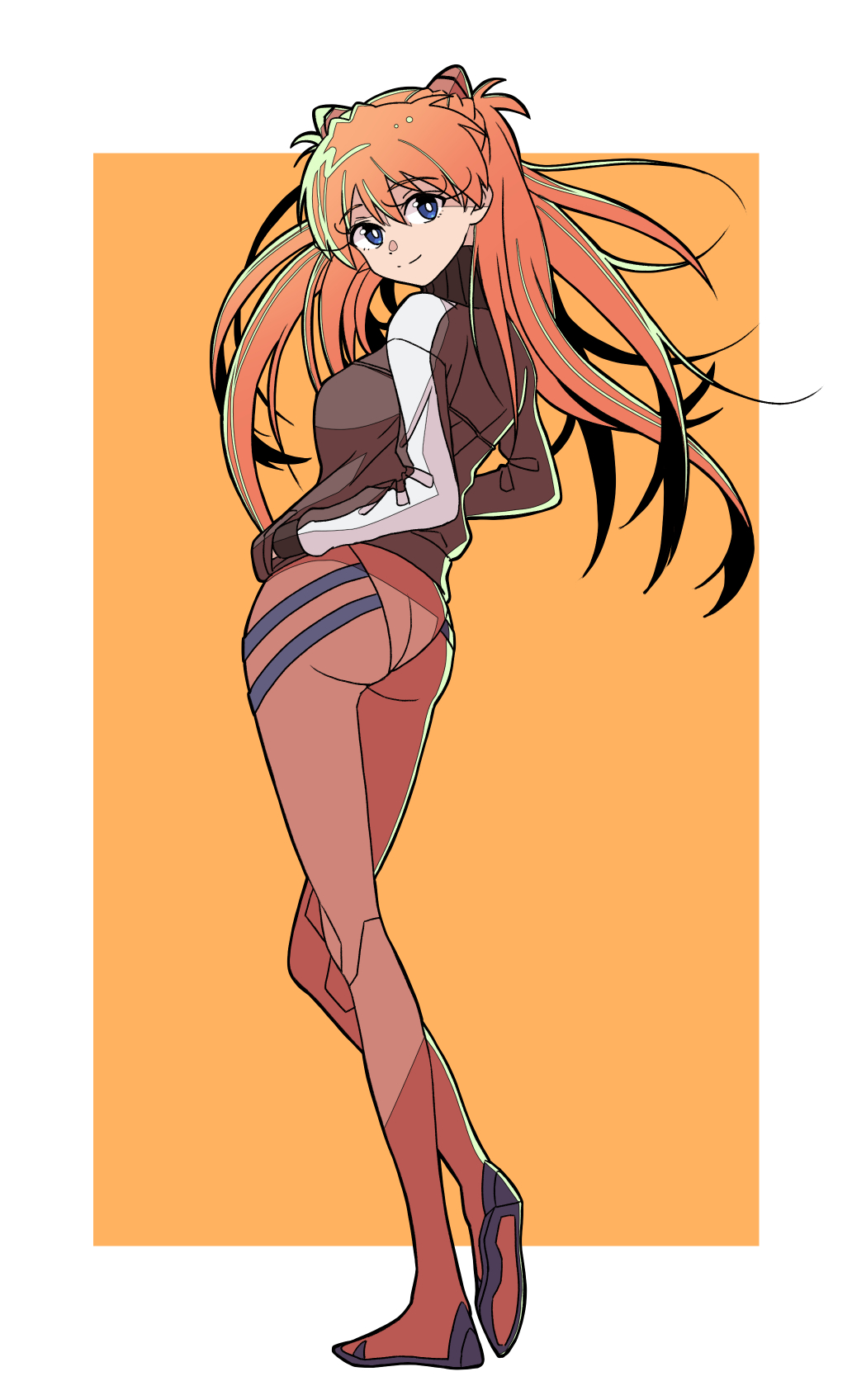 sashimi (sasihmi), souryuu asuka langley, neon genesis evangelion, highres, 1girl, blue eyes, bodysuit, border, brown jacket, choppy bangs, eyelashes, full body, hair between eyes, hand in pocket, interface headset (evangelion), jacket, long hair, looking at viewer, mecha pilot suit, orange hair, outside border, parted bangs, plugsuit (evangelion), red bodysuit, science fiction, sidelighting, solo, standing, turning head, white background, yellow border