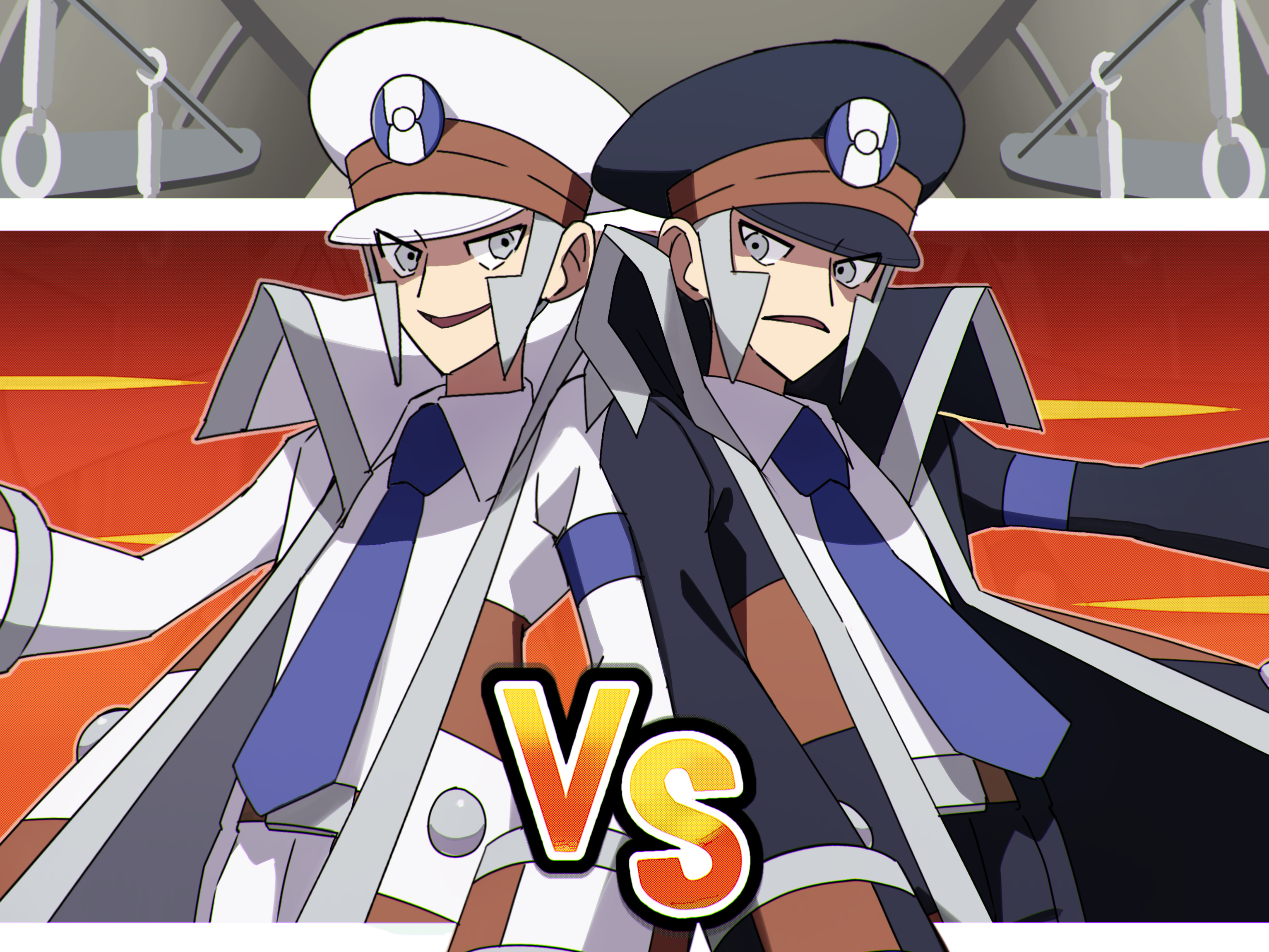 kairi0w0, emmet (pokemon), ingo (pokemon), nintendo, pokemon, pokemon bw, commentary request, highres, 2boys, back-to-back, black coat, black hat, black pants, blue necktie, brothers, coat, gloves, grey eyes, grey hair, hat, long sleeves, looking at viewer, male focus, matching outfits, multiple boys, necktie, pants, peaked cap, shirt, short hair, siblings, vs, white coat, white gloves, white pants, white shirt