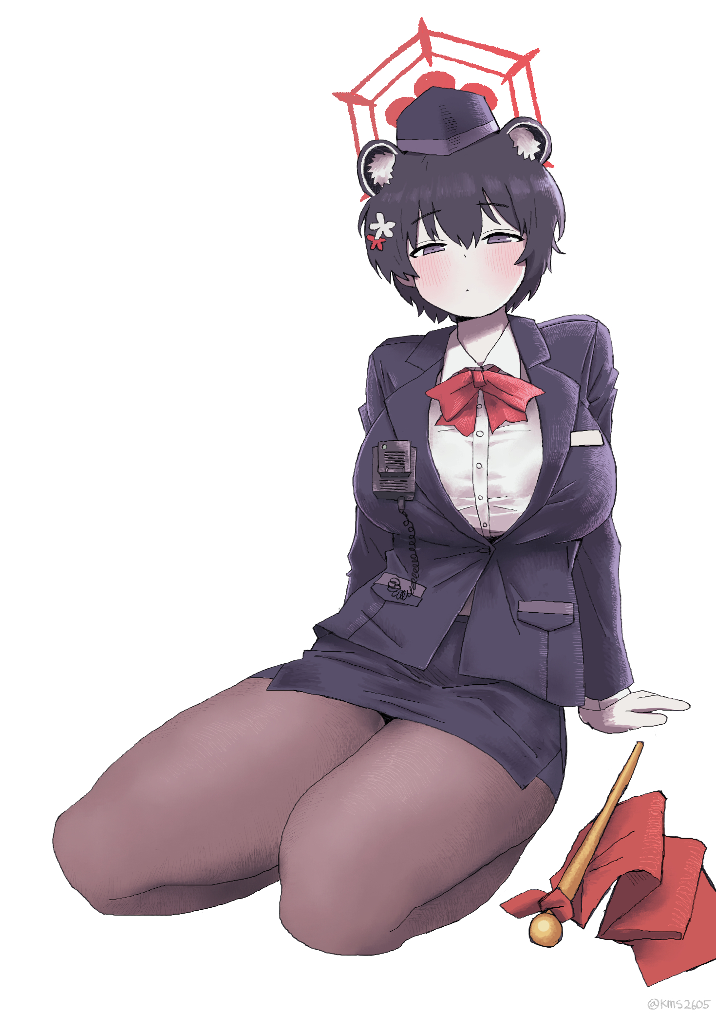 kms2605, tsubaki (blue archive), tsubaki (guide) (blue archive), blue archive, commentary request, highres, korean commentary, 1girl, animal ear fluff, animal ears, black hair, black hat, black jacket, black skirt, blush, bow, bowtie, breasts, brown pantyhose, closed mouth, collared shirt, garrison cap, gloves, grey eyes, halo, hat, jacket, large breasts, long sleeves, looking at viewer, pantyhose, pencil skirt, red bow, red bowtie, shirt, short hair, simple background, sitting, skirt, solo, twitter username, white background, white gloves, white shirt