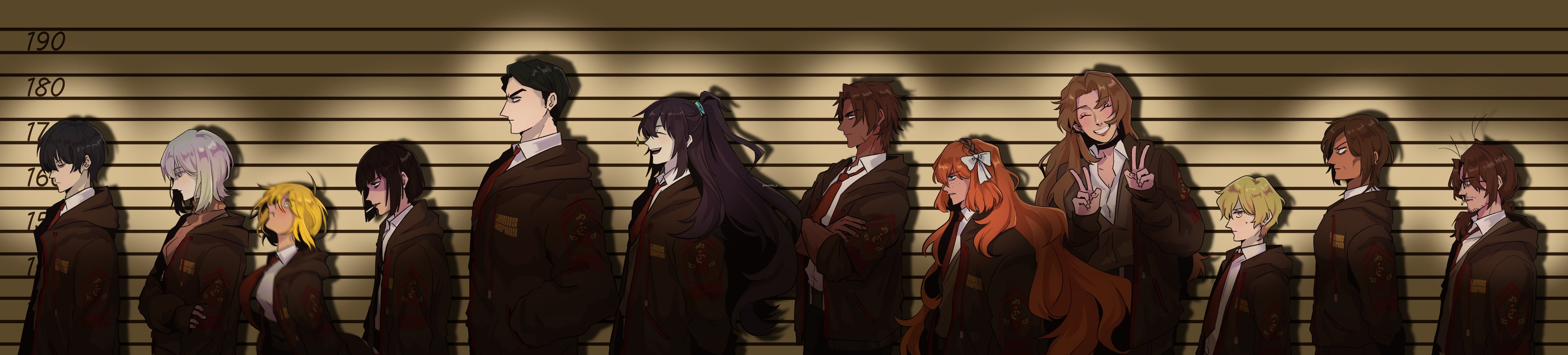 unower s, don quixote (project moon), faust (project moon), gregor's cockroach (project moon), gregor (project moon), heathcliff (project moon), hong lu (project moon), ishmael (project moon), meursault (project moon), outis (project moon), rodion (project moon), ryoshu (project moon), sinclair (project moon), yi sang (project moon), limbus company, project moon, absurdres, commentary, english commentary, highres, long image, wide image, 6+boys, 6+girls, :d, black hair, black jacket, blonde hair, brown hair, brown sweater, brown sweater vest, bug, cigarette, closed eyes, cockroach, company name, crossed arms, dark-skinned female, dark-skinned male, dark skin, double v, facing viewer, freckles, from side, hands in pockets, height chart, height difference, hood, hood down, insect, jacket, lce clothes (project moon), looking ahead, looking at viewer, multiple boys, multiple girls, necktie, official alternate costume, open mouth, orange hair, ponytail, red necktie, shaded face, shirt, short hair, smile, smoking, spotlight, sweater, sweater vest, v, very short hair, white hair, white shirt