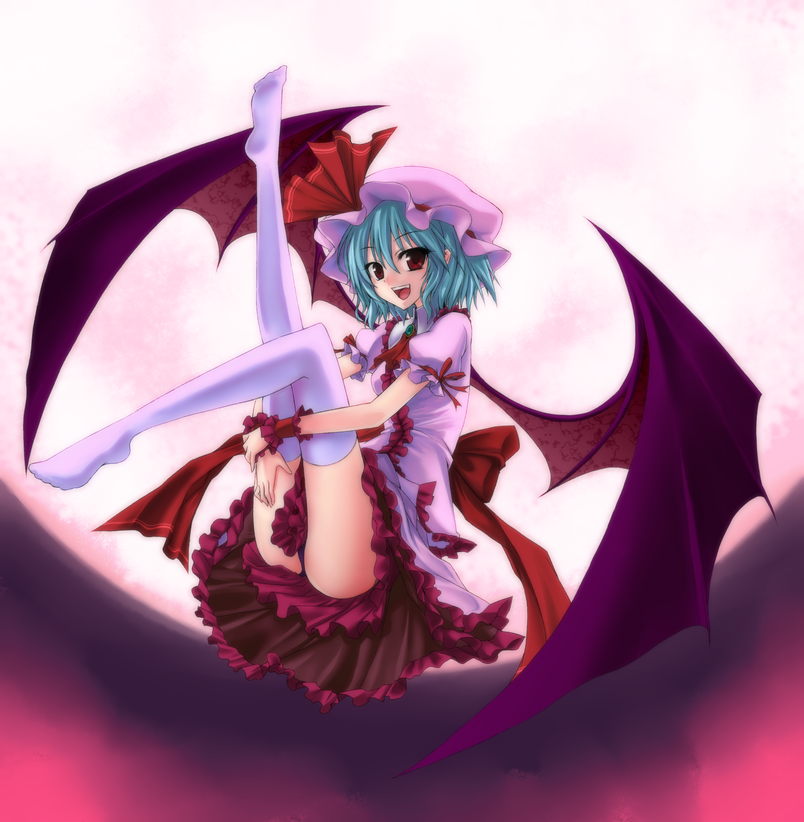 tenjou kai, utakata (kochou no yume), remilia scarlet, touhou, toe-point, colorized, highres, 1girl, bat wings, blue hair, braid, feet, female focus, full body, hat, legs, moon, outdoors, red eyes, short hair, sky, solo, thighhighs, twin braids, white thighhighs, wings