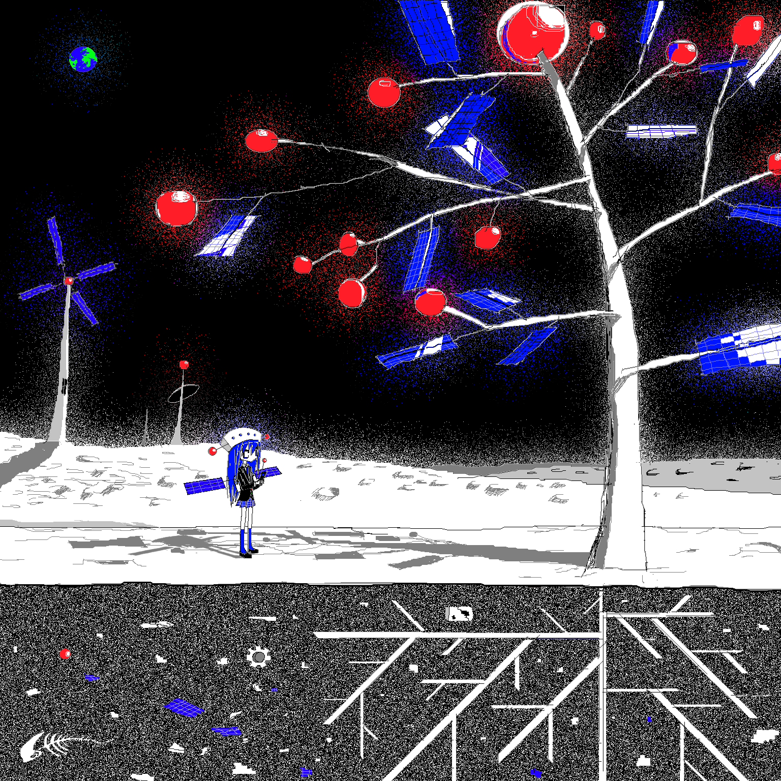 original, highres, 1girl, antennae, black shoes, black sky, black suit, bloom, blue hair, blue skirt, blue socks, cross-section, earth (planet), fabit609, facing ahead, fake antennae, fish skeleton, formal clothes, full body, gears, glowing, hat, long hair, miniskirt, moon, oekaki, own hands together, plaid clothes, plaid skirt, planet, plant roots, shadow, shirt, shoes, skirt, sky, socks, solo, space, spot color, standing, suit, tree, white shirt, wide shot, windmill