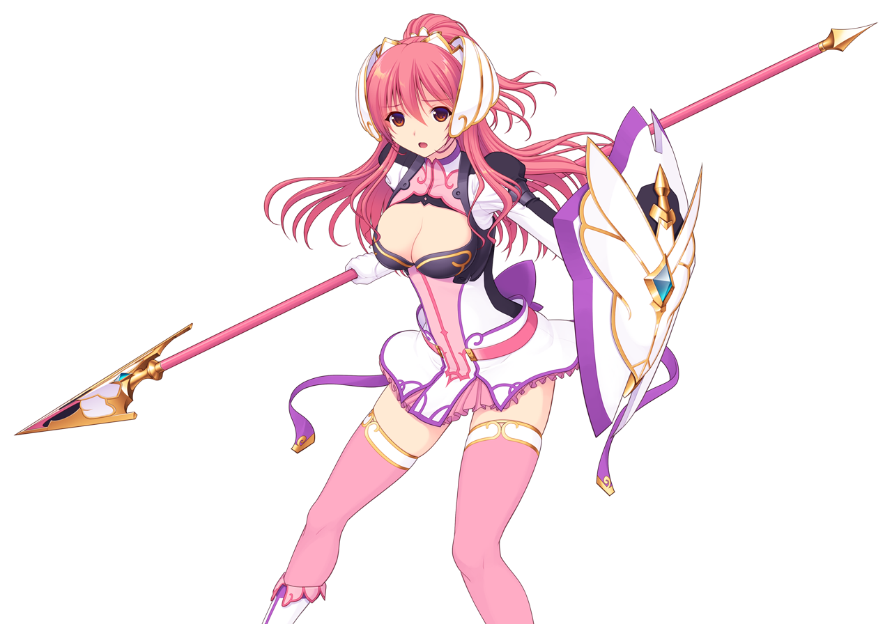 saitou natsuki, suhamaya, en ciel rena, en ciel rena (sin), tomoe rena, kourin tenshi en ciel rena, game cg, large variant set, non-web source, official art, variant set, 1girl, boots, breasts, cleavage, cleavage cutout, clothing cutout, dress, gloves, hair ornament, holding, holding polearm, holding shield, holding weapon, large breasts, long hair, long sleeves, looking at viewer, open mouth, pink hair, pink thighhighs, polearm, ponytail, red eyes, shield, short dress, skirt, solo, spear, thighhighs, transparent background, weapon, white gloves, zettai ryouiki