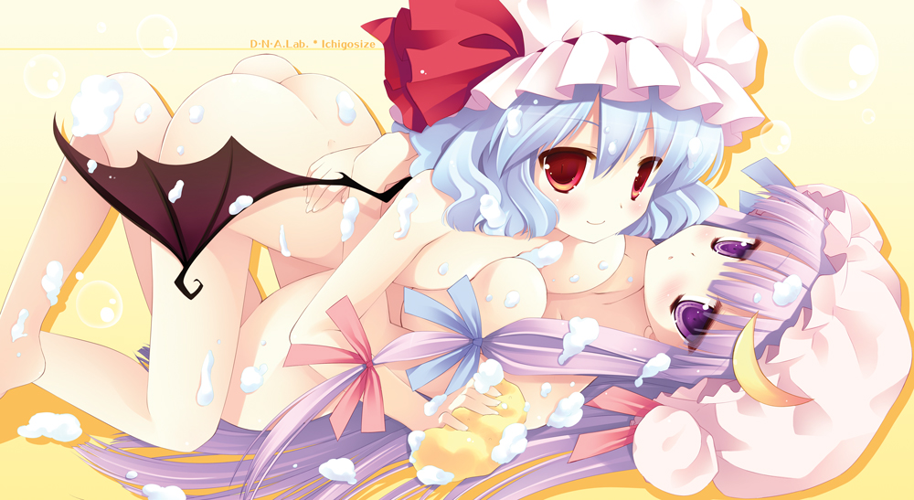miyasu risa, natsume eri, patchouli knowledge, remilia scarlet, embodiment of scarlet devil, touhou, artist collaboration, 2girls, age difference, asymmetrical docking, bathing, blue hair, bow, breast press, breasts, female focus, hair bow, hat, jitome, loli, long hair, medium breasts, multiple girls, nude, onee-loli, purple eyes, purple hair, red eyes, same-sex bathing, shared bathing, short hair, sponge, symmetrical docking, wings, yuri