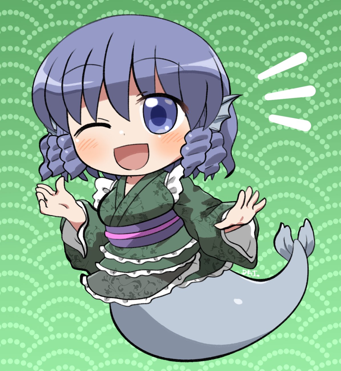 rokugou daisuke, wakasagihime, touhou, commentary request, highres, 1girl, ;d, blue eyes, blue hair, blush, chibi, chibi only, drill hair, drill sidelocks, fins, frilled kimono, frills, full body, green background, green kimono, hands up, head fins, japanese clothes, kimono, kneeless mermaid, long sleeves, mermaid, monster girl, notice lines, obi, one eye closed, open mouth, purple sash, sash, short hair, sidelocks, signature, smile, solo, wide sleeves