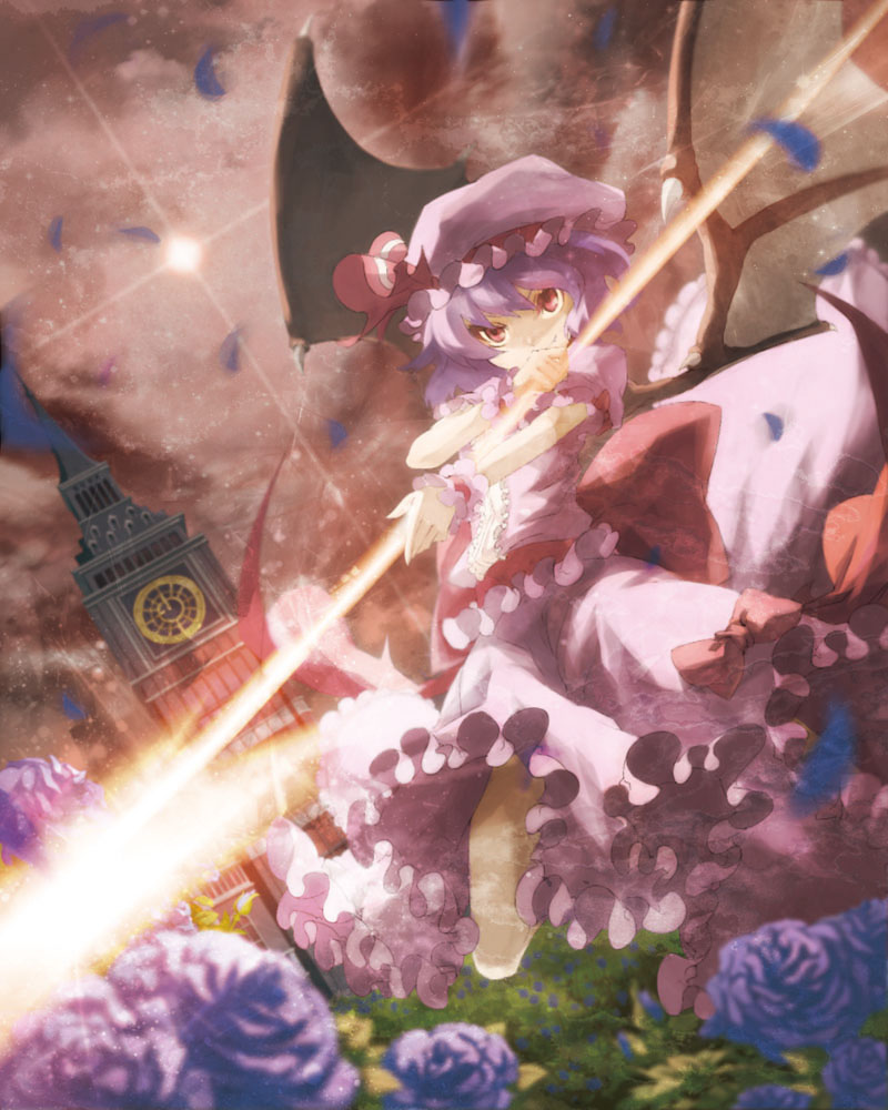 9ji, 9ji (8giri), remilia scarlet, touhou, 1girl, bat wings, clock, clock tower, dutch angle, female focus, flower, flying, frills, gathers, hat, petals, purple hair, red eyes, rose, skirt, skirt set, smirk, solo, spear the gungnir, tower, wings, wrist cuffs