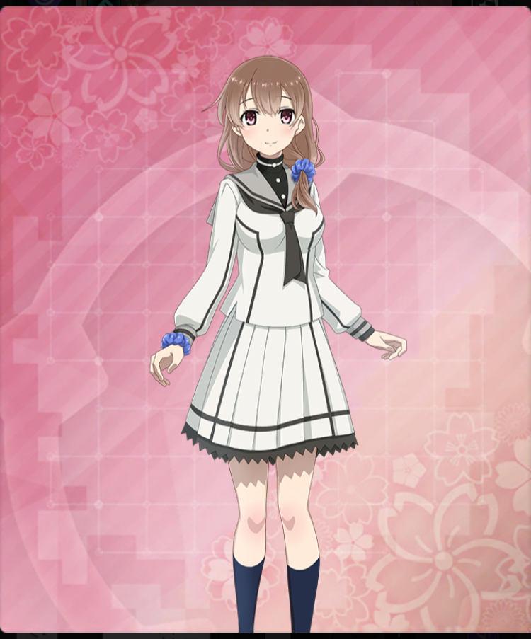 toji no miko, toji no miko: kizamishi issen no tomoshibi, game cg, official art, third-party source, 1girl, ayanokouji martial arts school uniform, black neckerchief, black shirt, blue socks, breasts, brown hair, closed mouth, dot nose, feet out of frame, floral background, grey sailor collar, hair ornament, hair scrunchie, large breasts, layered sleeves, long sleeves, looking at viewer, low side ponytail, mizushina kinuka, neckerchief, pink background, pink eyes, pink pupils, purple scrunchie, sailor collar, school uniform, scrunchie, shirt, skirt, smile, socks, solo, white shirt, white skirt, wrist scrunchie