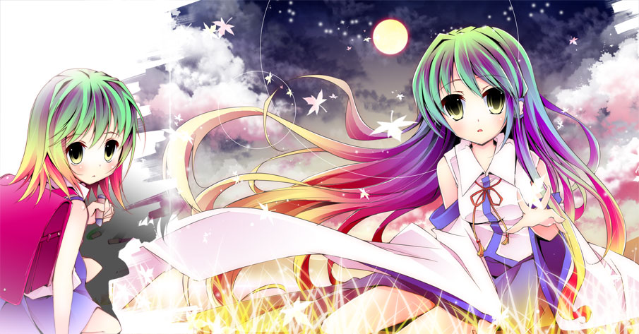 nanamomo rio, nanamomorio, kochiya sanae, touhou, 2girls, child, detached sleeves, dual persona, female focus, gradient hair, green eyes, green hair, japanese clothes, long hair, multicolored hair, multiple girls, short hair, time paradox