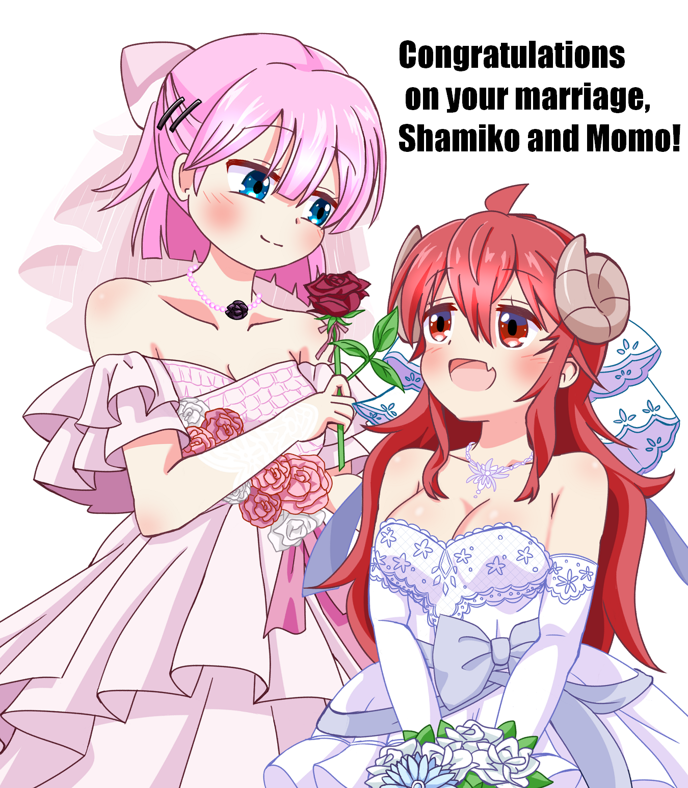 chiyoda momo, yoshida yuuko, machikado mazoku, commentary request, highres, 2girls, bare shoulders, blue eyes, bouquet, breasts, bridal veil, cleavage, closed mouth, demon horns, dress, elbow gloves, fang, flower, gloves, holding, holding bouquet, holding flower, horns, hyoka (9rxhggjjv7dbmlb), jewelry, large breasts, long hair, looking at another, medium hair, multiple girls, necklace, off-shoulder dress, off shoulder, pink dress, pink hair, red eyes, red flower, red hair, red rose, rose, simple background, skin fang, smile, veil, wedding dress, white background, white gloves, wife and wife, yuri