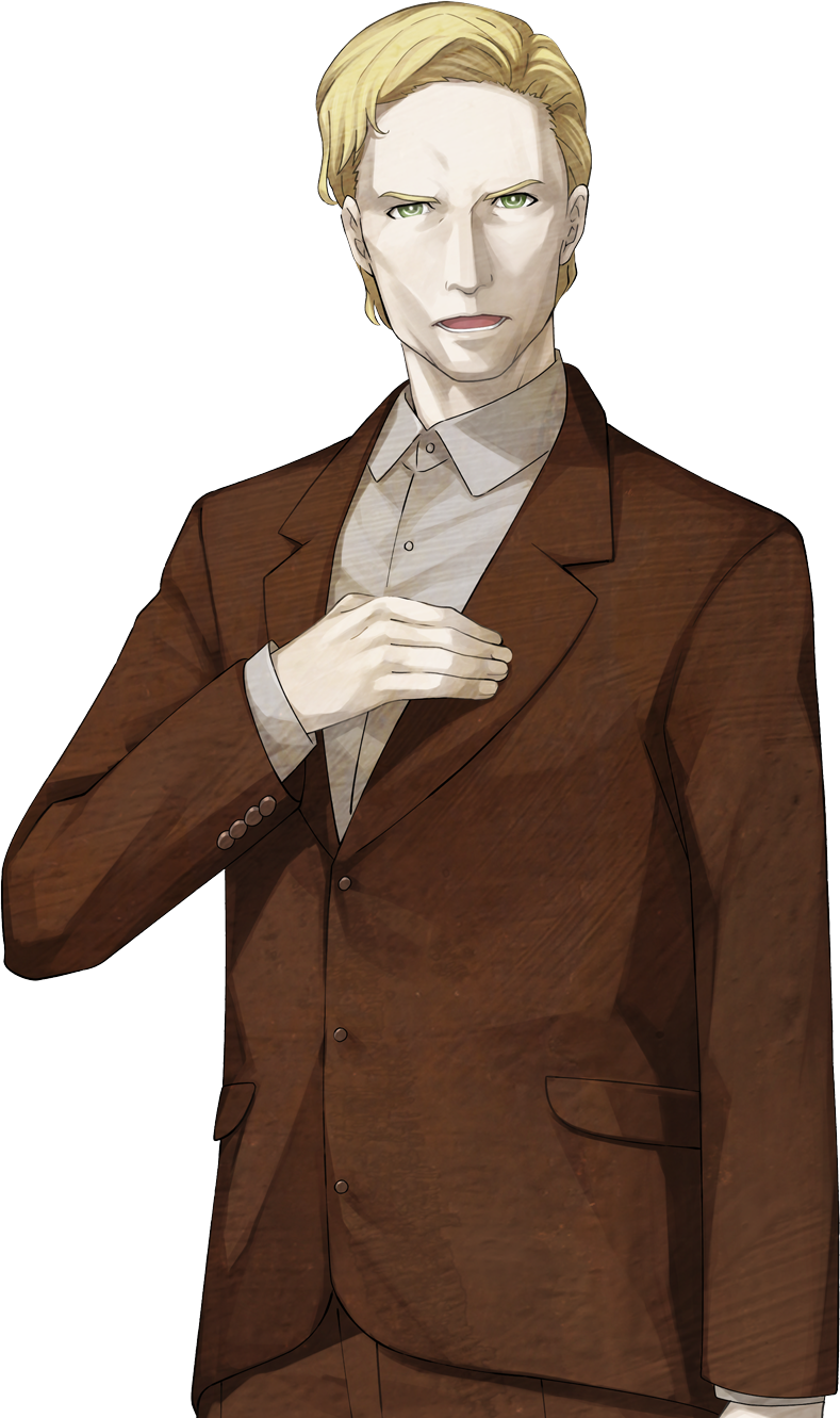 huke, alexis leskinen, science adventure, steins;gate, steins;gate 0, game cg, highres, non-web source, official art, 1boy, blonde hair, brown jacket, brown pants, collared shirt, dress shirt, formal clothes, green eyes, hand on own chest, jacket, lapels, looking at viewer, male focus, notched lapels, open mouth, pants, serious, shirt, short hair, simple background, solo, sprite, suit, transparent background, very short hair, white shirt
