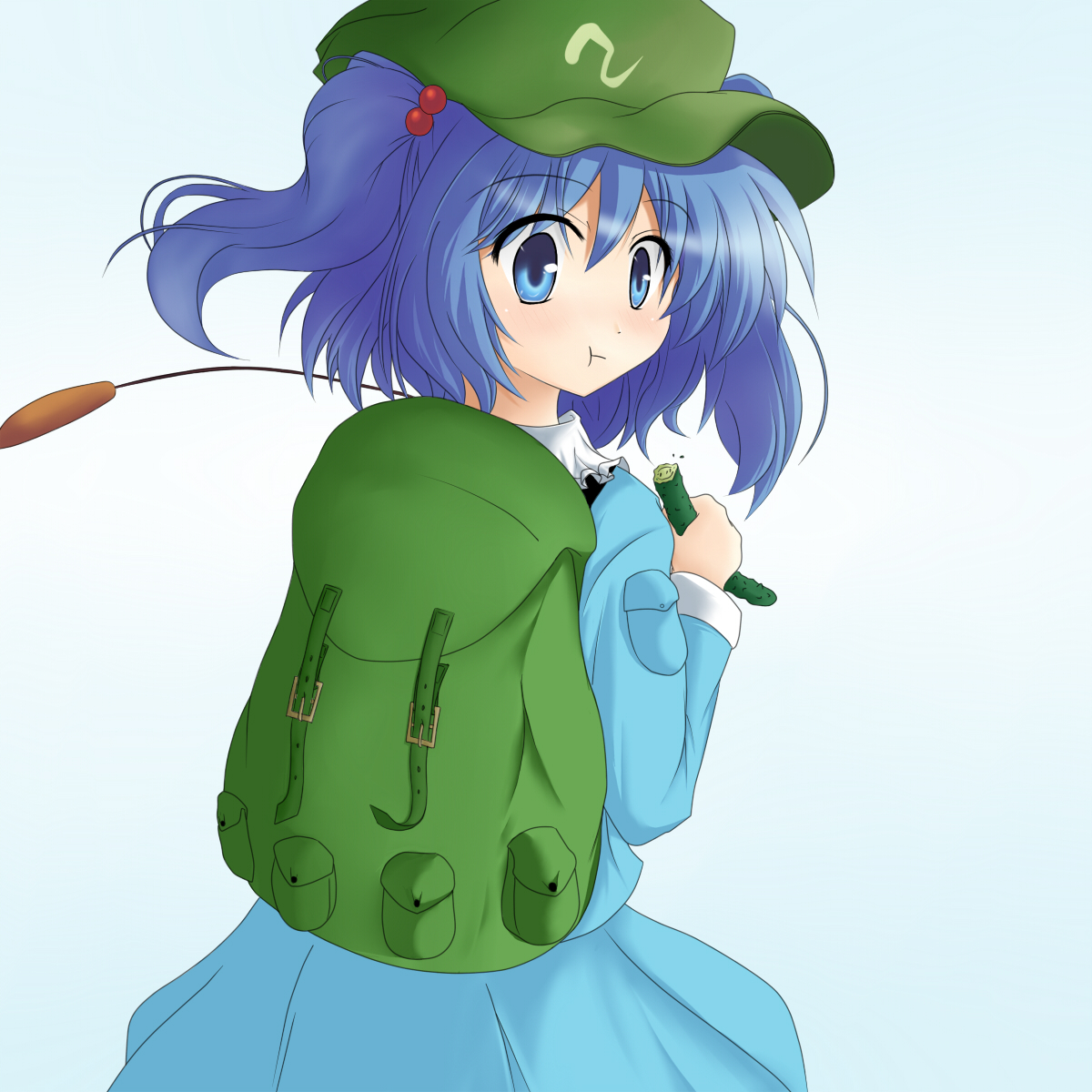 kounosuke, kounosuke (embellir), kawashiro nitori, touhou, bad id, bad pixiv id, highres, 1girl, :t, aqua eyes, backpack, bag, blue hair, cucumber, eating, female focus, hair bobbles, hair ornament, hat, looking back, randoseru, short hair, solo, tail, twintails, two side up