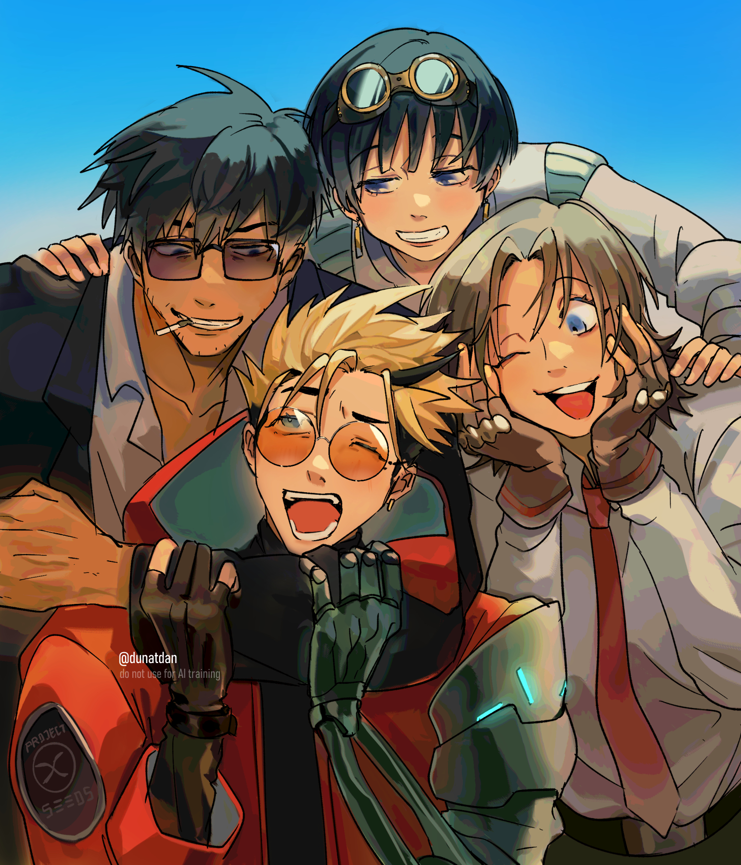 danch (dunkindunat), meryl stryfe, milly thompson, nicholas d. wolfwood, vash the stampede, trigun, commentary, english commentary, highres, 2boys, 2girls, black hair, black jacket, black sweater, blonde hair, blue background, blue eyes, brown gloves, cigarette, coat, earrings, fingerless gloves, gloves, goggles, goggles on head, grey shirt, grin, hands up, jacket, jewelry, multicolored hair, multiple boys, multiple girls, necktie, one eye closed, open mouth, orange-tinted eyewear, partially fingerless gloves, prosthesis, prosthetic arm, red coat, red necktie, round eyewear, shirt, single earring, smile, sunglasses, sweater, teeth, tinted eyewear, trigun stargaze, turtleneck, turtleneck sweater, two-tone hair, upper body