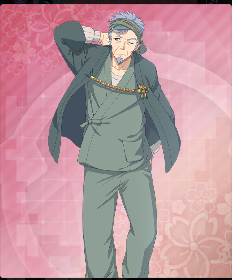 toji no miko, toji no miko: kizamishi issen no tomoshibi, game cg, official art, third-party source, 1boy, aoto youji, arm behind head, beard, blue eyes, facial hair, feet out of frame, floral background, green haori, green headband, green kimono, green pants, grey hair, hand in pocket, haori, headband, japanese clothes, kimono, long sleeves, looking at viewer, male focus, old, old man, one eye closed, pants, pink background, ribbed shirt, shirt, solo, white shirt, wrinkled skin, yukata