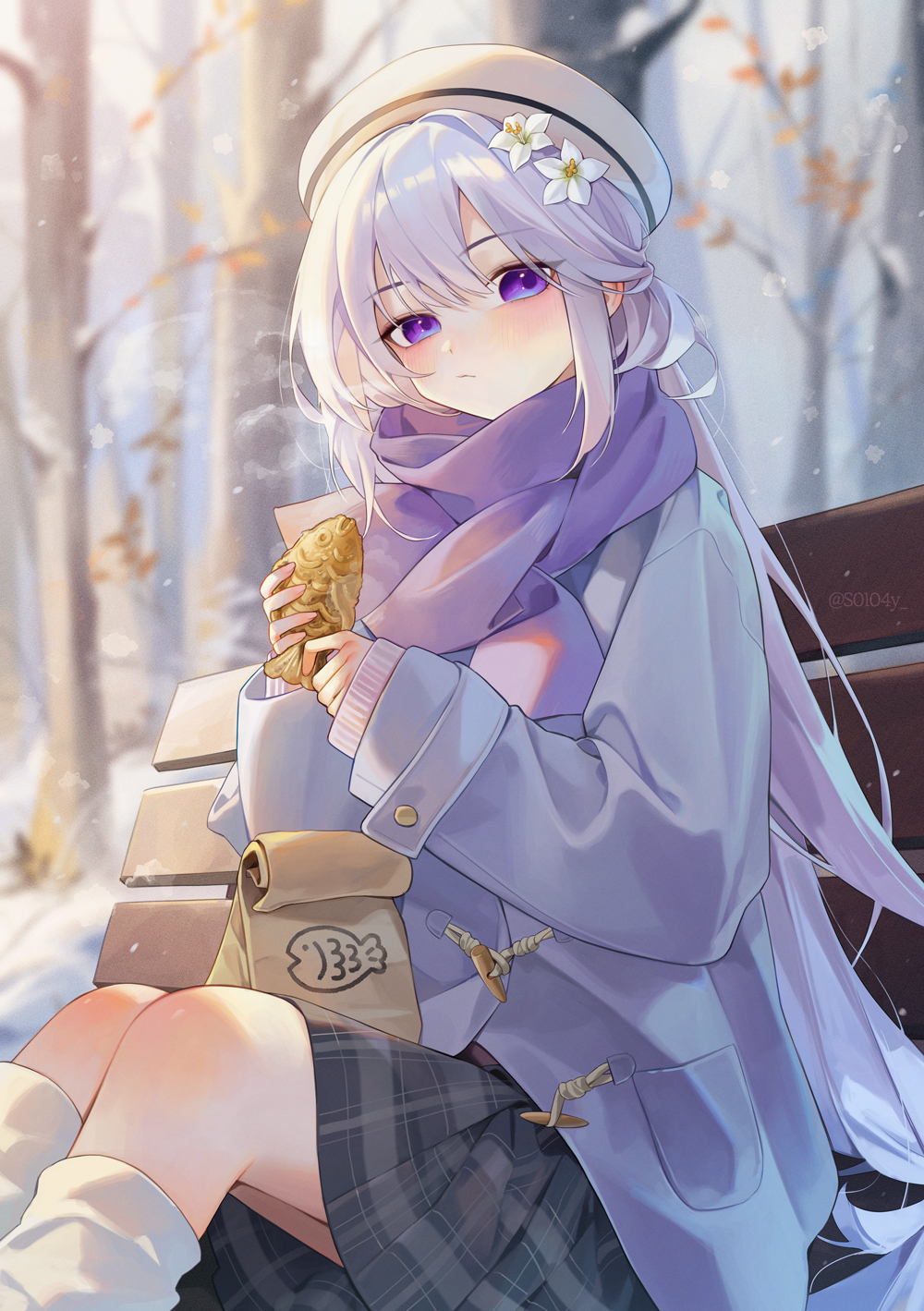 s0104y, ine (vtuber), waktaverse, commentary, highres, 1girl, bag, bare tree, bench, beret, black skirt, blue coat, blurry, blurry background, blush, closed mouth, coat, day, feet out of frame, flower, food, grey skirt, hair between eyes, hair flower, hair ornament, hat, holding, holding food, jacket, long hair, long sleeves, looking at viewer, on bench, outdoors, paper bag, plaid clothes, plaid skirt, pleated skirt, purple eyes, purple scarf, scarf, sidelocks, sitting, skirt, sleeves past wrists, snow, snowing, socks, solo, sweater, taiyaki, tree, twitter username, very long hair, virtual youtuber, wagashi, white flower, white hair, white hat, white socks, winter, winter clothes, winter coat