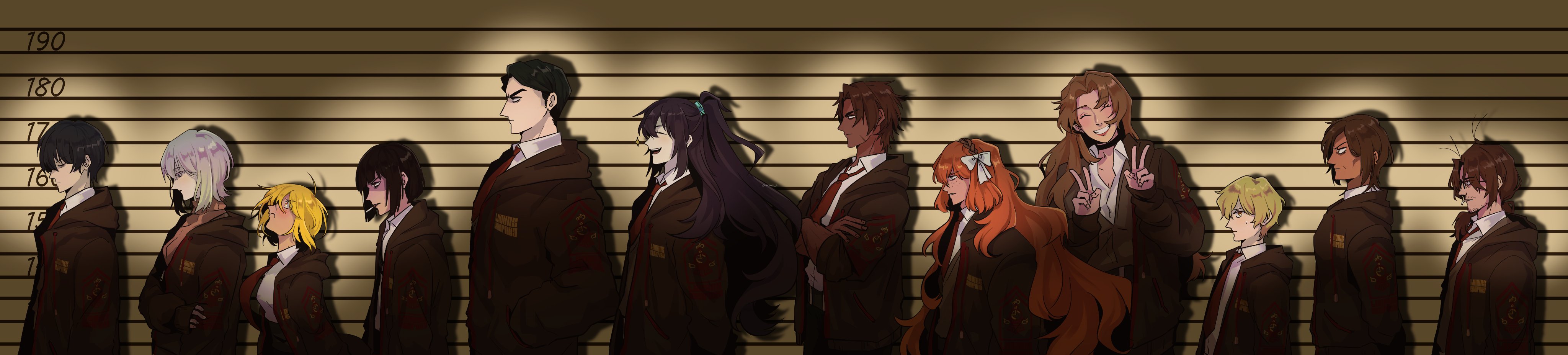 unower s, don quixote (project moon), faust (project moon), gregor's cockroach (project moon), gregor (project moon), heathcliff (project moon), hong lu (project moon), ishmael (project moon), meursault (project moon), outis (project moon), rodion (project moon), ryoshu (project moon), sinclair (project moon), yi sang (project moon), limbus company, project moon, absurdres, commentary, english commentary, highres, long image, wide image, 6+boys, 6+girls, :d, black hair, black jacket, blonde hair, brown hair, brown sweater, brown sweater vest, bug, cigarette, closed eyes, cockroach, company name, crossed arms, dark-skinned female, dark-skinned male, dark skin, double v, facing viewer, freckles, from side, hands in pockets, height chart, height difference, hood, hood down, insect, jacket, lce clothes (project moon), looking ahead, looking at viewer, multiple boys, multiple girls, necktie, official alternate costume, open mouth, orange hair, ponytail, red necktie, shaded face, shirt, short hair, smile, smoking, spotlight, sweater, sweater vest, v, very short hair, white hair, white shirt