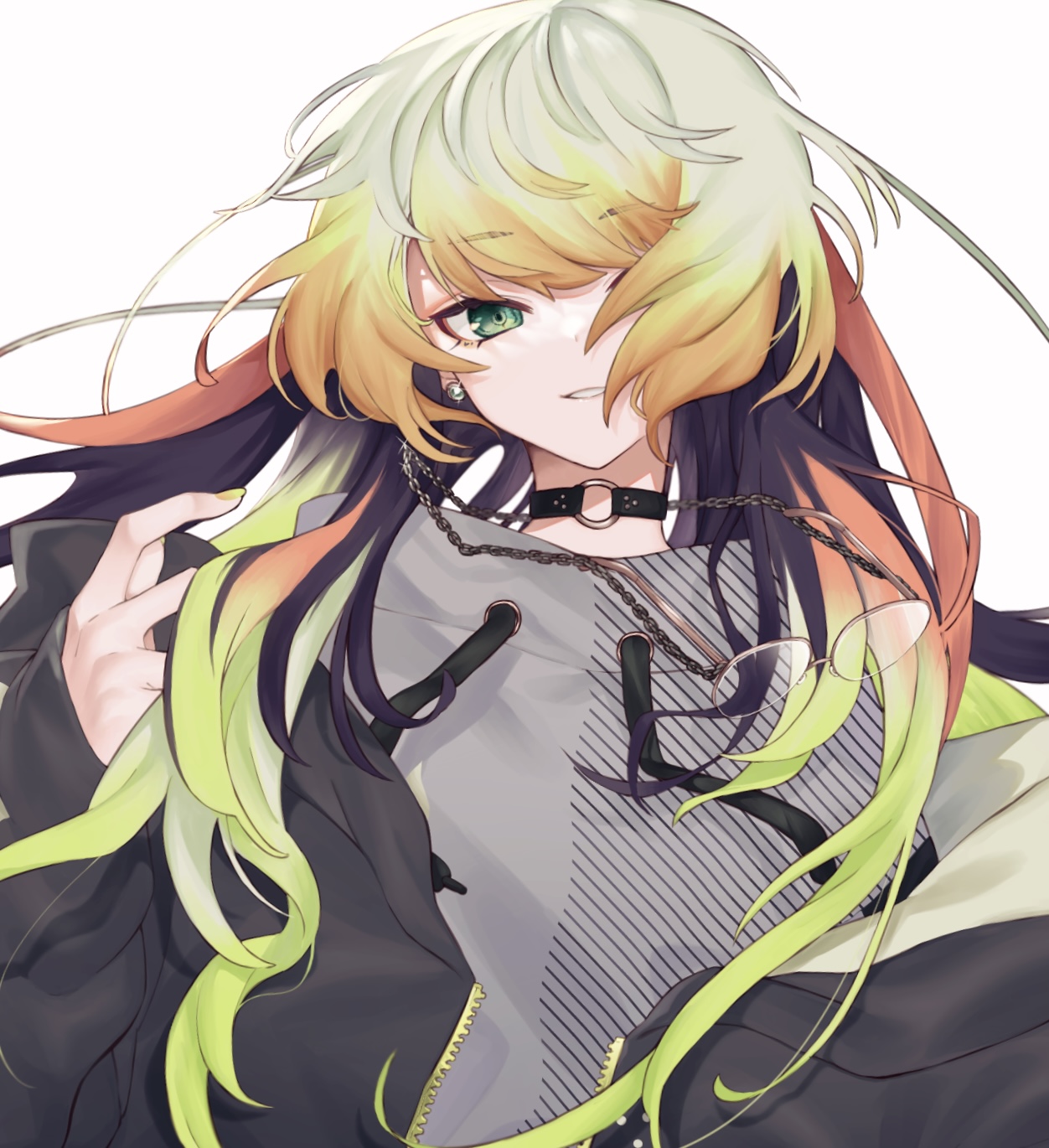 yazune, melissa kinrenka, nijisanji, commentary, highres, symbol-only commentary, 1other, black hair, blonde hair, chain, choker, glasses, green eyes, green hair, jewelry, long hair, melissa kinrenka (2nd costume), nail polish, orange hair, smile