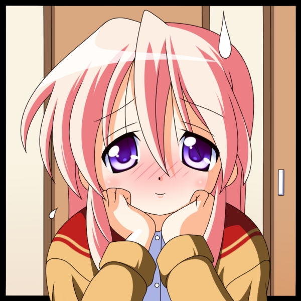 rindou (awoshakushi), takara miyuki, lucky star, 00s, blush, close-up, long hair, no eyewear, pajamas, pink hair, purple eyes, solo, sweatdrop