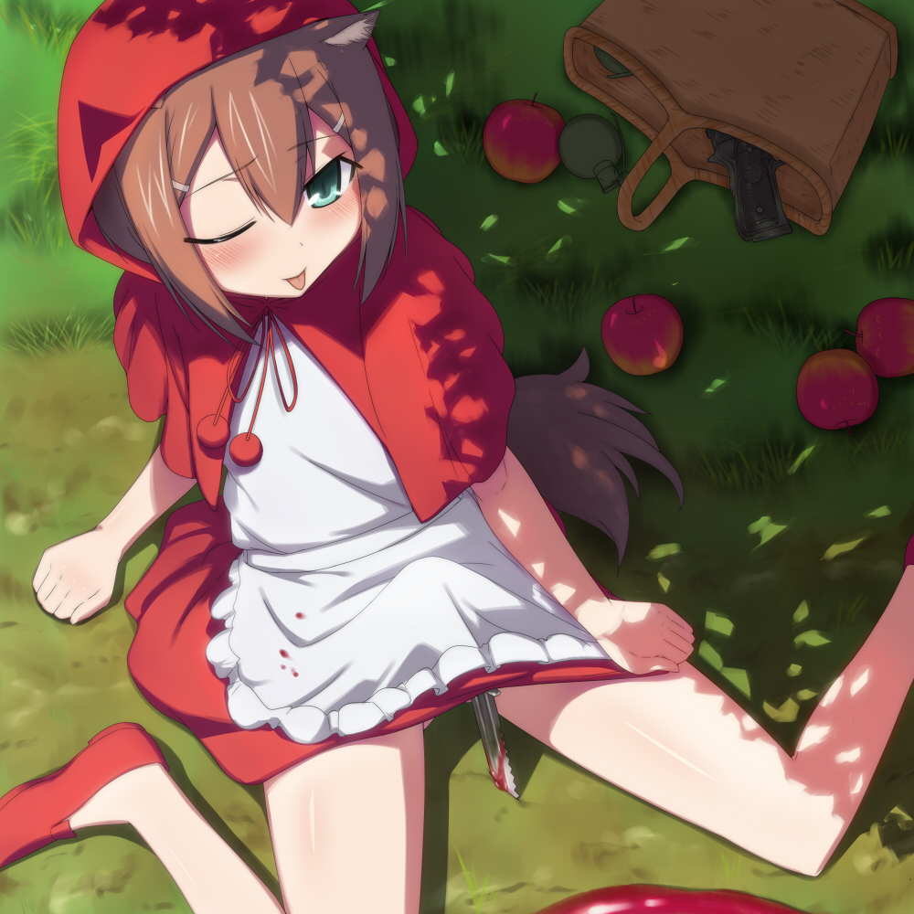 kanna asuke, b.b. hood, kinoshita hideyoshi, baka to test to shoukanjuu, capcom, darkstalkers, little red riding hood (fairy tale), 1boy, :p, animal ears, apple, b.b. hood (cosplay), basket, blood, blush, brown hair, cosplay, dress, explosive, food, fruit, grass, green eyes, grenade, gun, hair ornament, hairclip, hood, knife, male focus, one eye closed, red hood, red skirt, sexually suggestive, sitting, skirt, solo, tail, tongue, tongue out, trap, wariza, weapon, wink, wolf ears, wolf tail