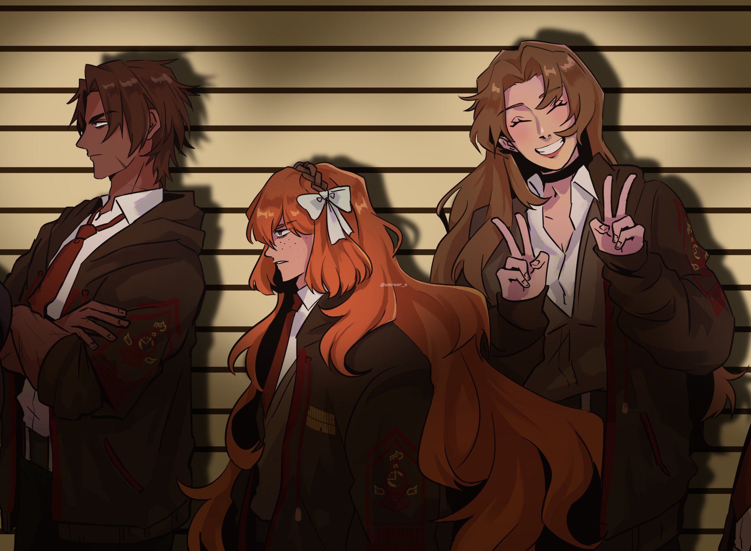 unower s, heathcliff (project moon), ishmael (project moon), rodion (project moon), sinclair (project moon), limbus company, project moon, commentary, english commentary, highres, 2boys, 2girls, :d, ^ ^, belt, black belt, black jacket, black pants, breasts, brown hair, brown sweater vest, cleavage, closed eyes, collared shirt, crossed arms, curtained hair, dark-skinned male, dark skin, double v, freckles, from side, hair between eyes, hair ribbon, hairband, hood, hood down, hooded jacket, jacket, lce clothes (project moon), long hair, multiple boys, multiple girls, official alternate costume, open clothes, open jacket, open mouth, orange hair, out of frame, pants, ribbon, scar, scar on arm, scar on face, shirt, short hair, smile, sweater vest, teeth, v, white ribbon, white shirt