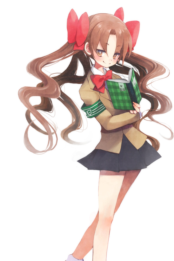 manji (nanakirio), shirai kuroko, toaru kagaku no railgun, toaru majutsu no index, 1girl, armband, book, brown eyes, brown hair, female focus, long hair, school uniform, simple background, solo, twintails