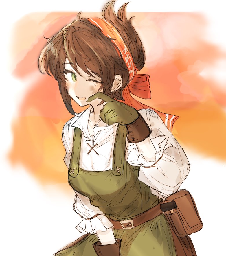 octopath traveler, octopath traveler: champions of the continent, commentary request, 1girl, apron, belt, belt pouch, brown belt, brown hair, collared shirt, cowboy shot, gloves, green apron, green eyes, green gloves, hair ribbon, hand up, hosakana, long sleeves, looking at viewer, octopath traveler 0, one eye closed, open mouth, pouch, red ribbon, ribbon, shirt, short hair, smile, solo, standing, stia (octopath traveler), white shirt