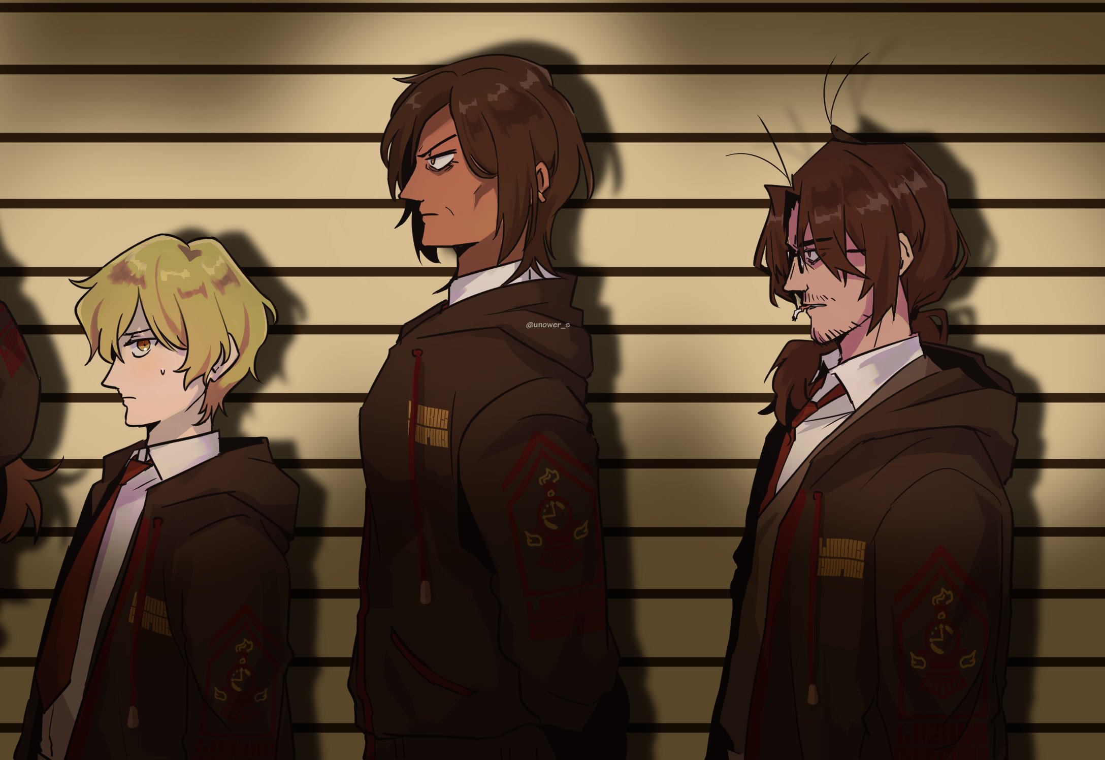 unower s, gregor's cockroach (project moon), gregor (project moon), outis (project moon), rodion (project moon), sinclair (project moon), limbus company, project moon, commentary, cropped, english commentary, highres, 2boys, 2girls, antenna hair, arms behind back, beard stubble, black jacket, black vest, blonde hair, brown hair, brown sweater vest, bug, cockroach, company name, curtained hair, dark-skinned female, dark skin, facial hair, from side, hair between eyes, hair over shoulder, height chart, height difference, hood, hood down, hooded jacket, insect, jacket, lce clothes (project moon), looking ahead, looking at viewer, low ponytail, medium hair, multiple boys, multiple girls, mustache stubble, necktie, official alternate costume, out of frame, ponytail, red necktie, serious, shirt, short hair, stubble, sweatdrop, sweater vest, vest, white shirt