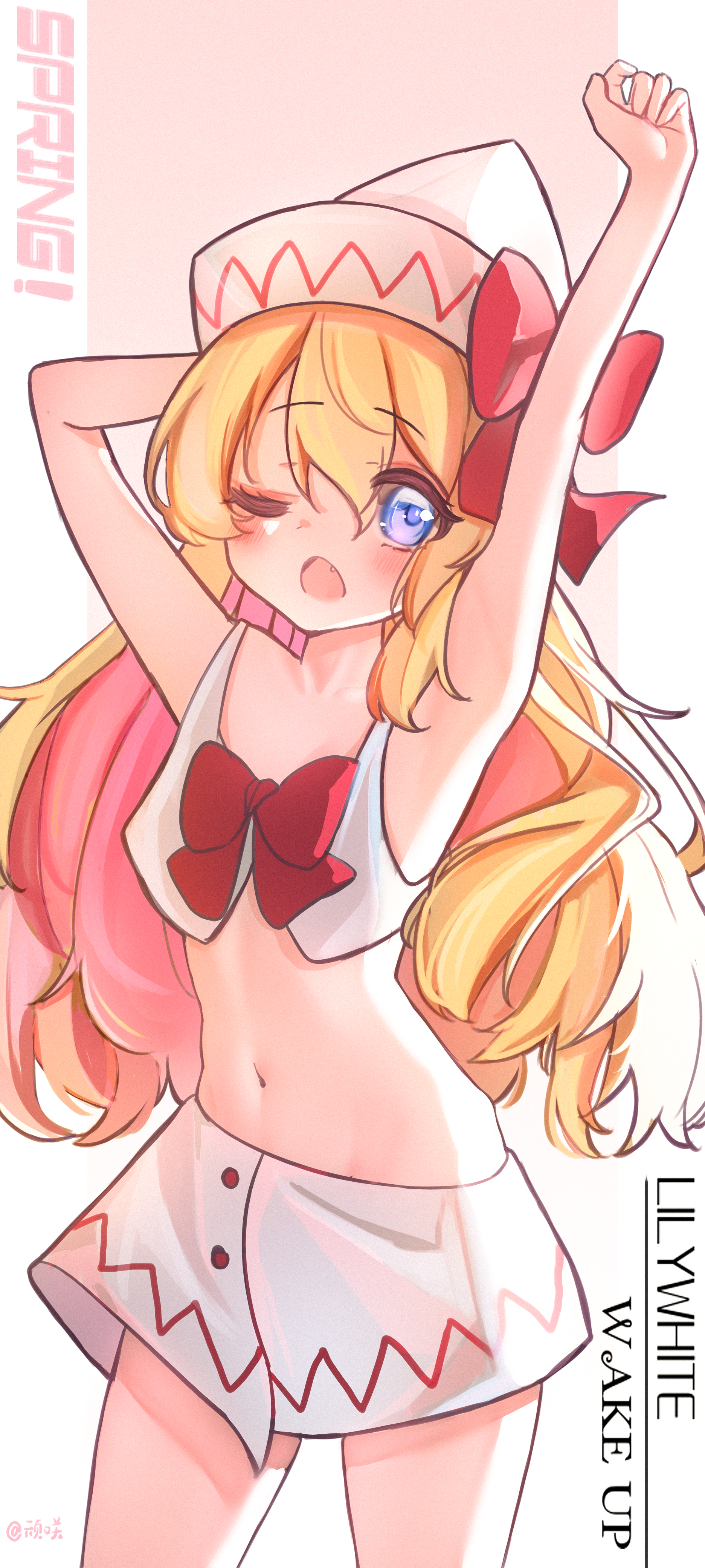 2091966, lily white, touhou, absurdres, chinese commentary, commentary request, highres, 1girl, alternate costume, blonde hair, blue eyes, blush, bow, bowtie, character name, fang, hat, hat bow, long hair, looking at viewer, midriff, navel, one eye closed, open mouth, red bow, red bowtie, skirt, solo, stretching, very long hair, white hat, white skirt