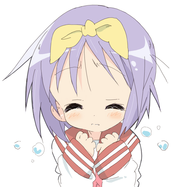 core (mayomayo), hiiragi tsukasa, lucky star, bad id, bad pixiv id, 00s, closed eyes, purple hair, school uniform, serafuku, short hair, solo, tears