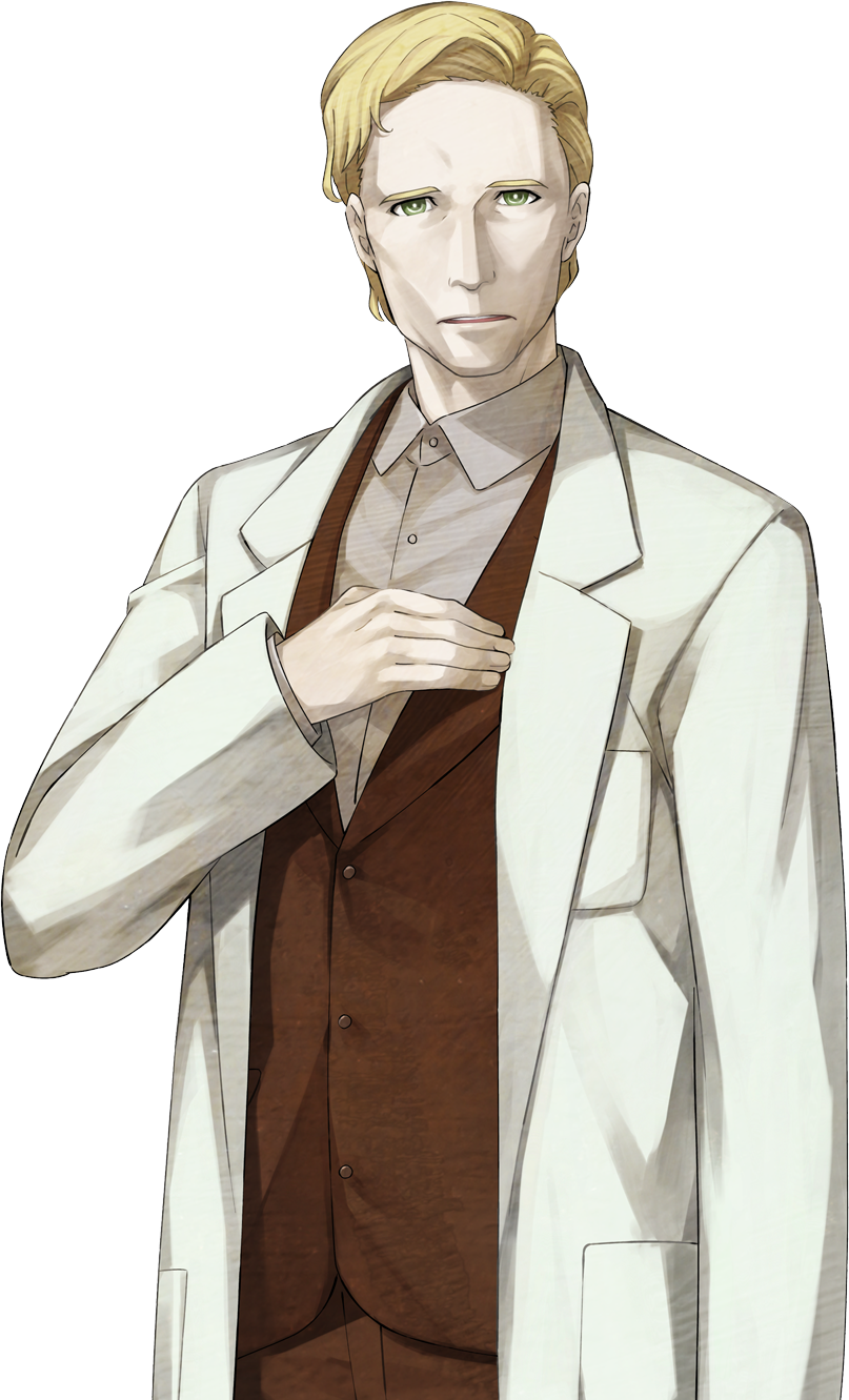 huke, alexis leskinen, science adventure, steins;gate, steins;gate 0, game cg, highres, non-web source, official art, 1boy, blonde hair, brown jacket, brown pants, collared shirt, disappointed, dress shirt, formal clothes, green eyes, hand on own chest, jacket, lab coat, lapels, looking at viewer, male focus, notched lapels, open mouth, pants, shirt, short hair, simple background, solo, sprite, suit, transparent background, very short hair, white shirt