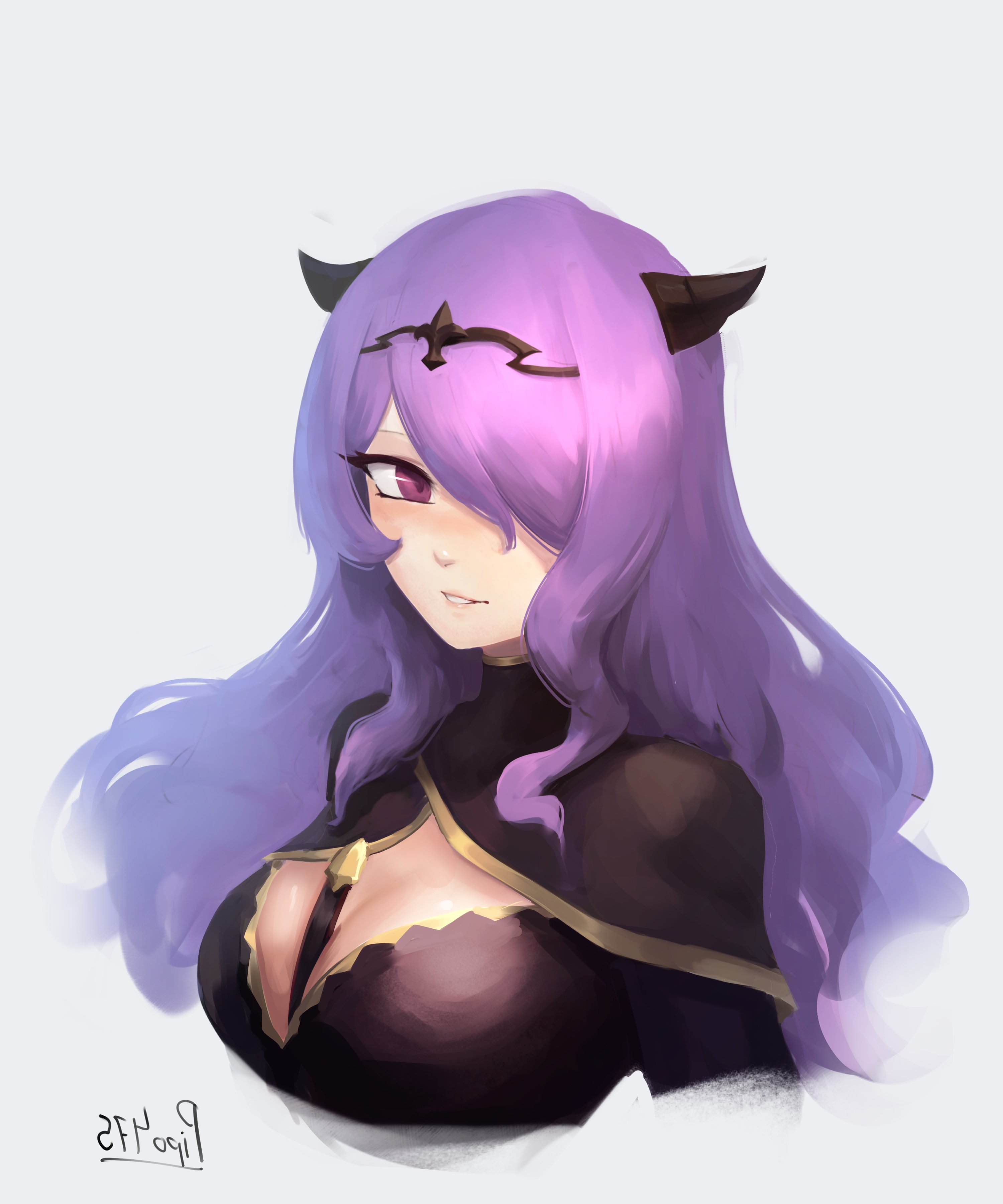 camilla (fire emblem), fire emblem, fire emblem fates, nintendo, absurdres, commentary, english commentary, highres, 1girl, breasts, cleavage, demon horns, grin, hair ornament, hair over one eye, horns, long hair, looking at viewer, medium breasts, parted lips, pipo 475, portrait, purple eyes, purple hair, sidelocks, signature, simple background, smile, solo, tiara, upper body, wavy hair, white background