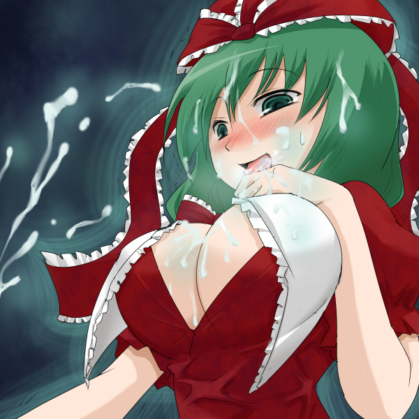 oro (zetsubou girl), kagiyama hina, touhou, blush, breasts, cleavage, cum, cum in mouth, cum on body, cum on breasts, cum on hair, cum on tongue, cum on upper body, ejaculation, facial, green eyes, green hair, hair ribbon, large breasts, penis, ribbon, solo, tongue