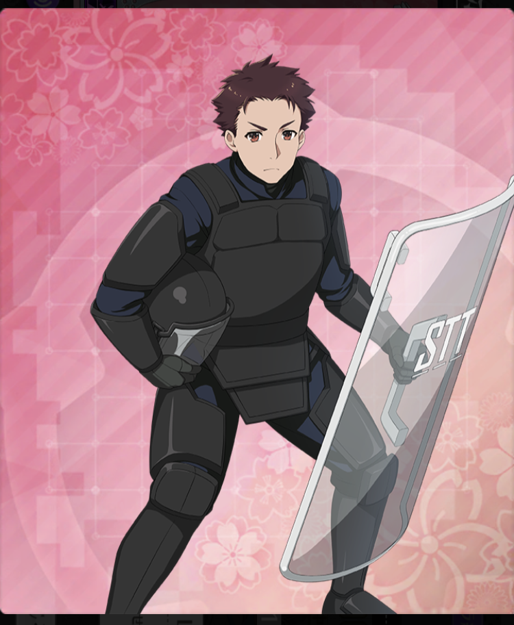 toji no miko, toji no miko: kizamishi issen no tomoshibi, game cg, official art, third-party source, 1boy, arm armor, armor, black armor, black helmet, body armor, brown hair, closed mouth, face shield, feet out of frame, floral background, forehead, helmet, holding, holding shield, holding unworn helmet, leg armor, legs apart, looking at viewer, male focus, pink background, red eyes, riot police, riot shield, shield, short hair, solo, unworn headwear, unworn helmet, uruga kensuke