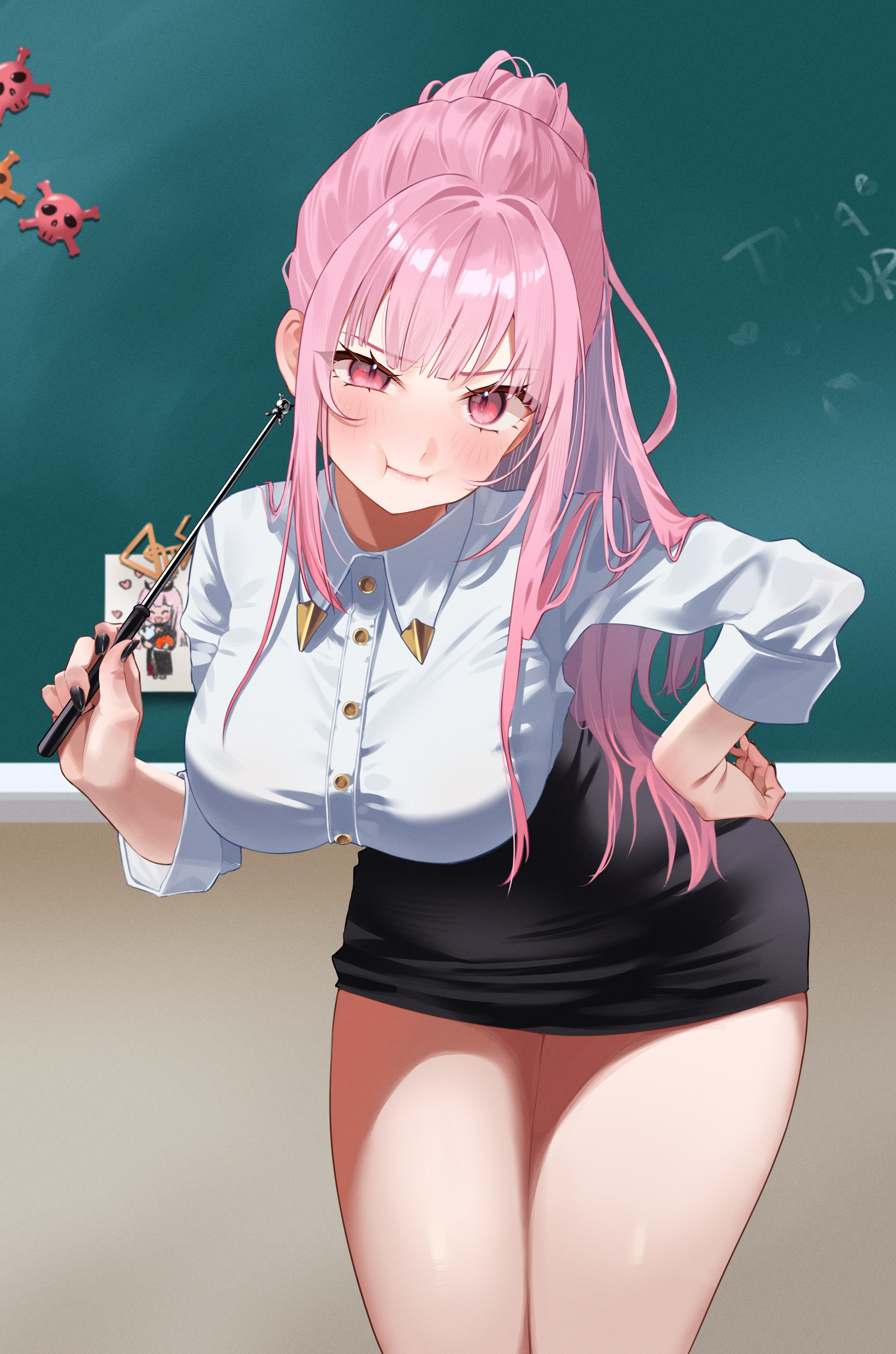 380 (artist), mori calliope, hololive, hololive english, absurdres, commentary, english commentary, highres, 1girl, :t, alternate costume, asymmetrical sidelocks, bent over, black nails, blunt bangs, blush, breasts, buttons, chalkboard, collared shirt, fingernails, hand on own hip, hanging breasts, high-waist skirt, high ponytail, holding, holding pointer, large breasts, long hair, looking at viewer, miniskirt, nail polish, pencil skirt, pink eyes, pink hair, pointer, ponytail, pout, shirt, sidelocks, skirt, sleeves rolled up, solo, teacher, thick thighs, thighs, three-quarter sleeves, virtual youtuber, white shirt