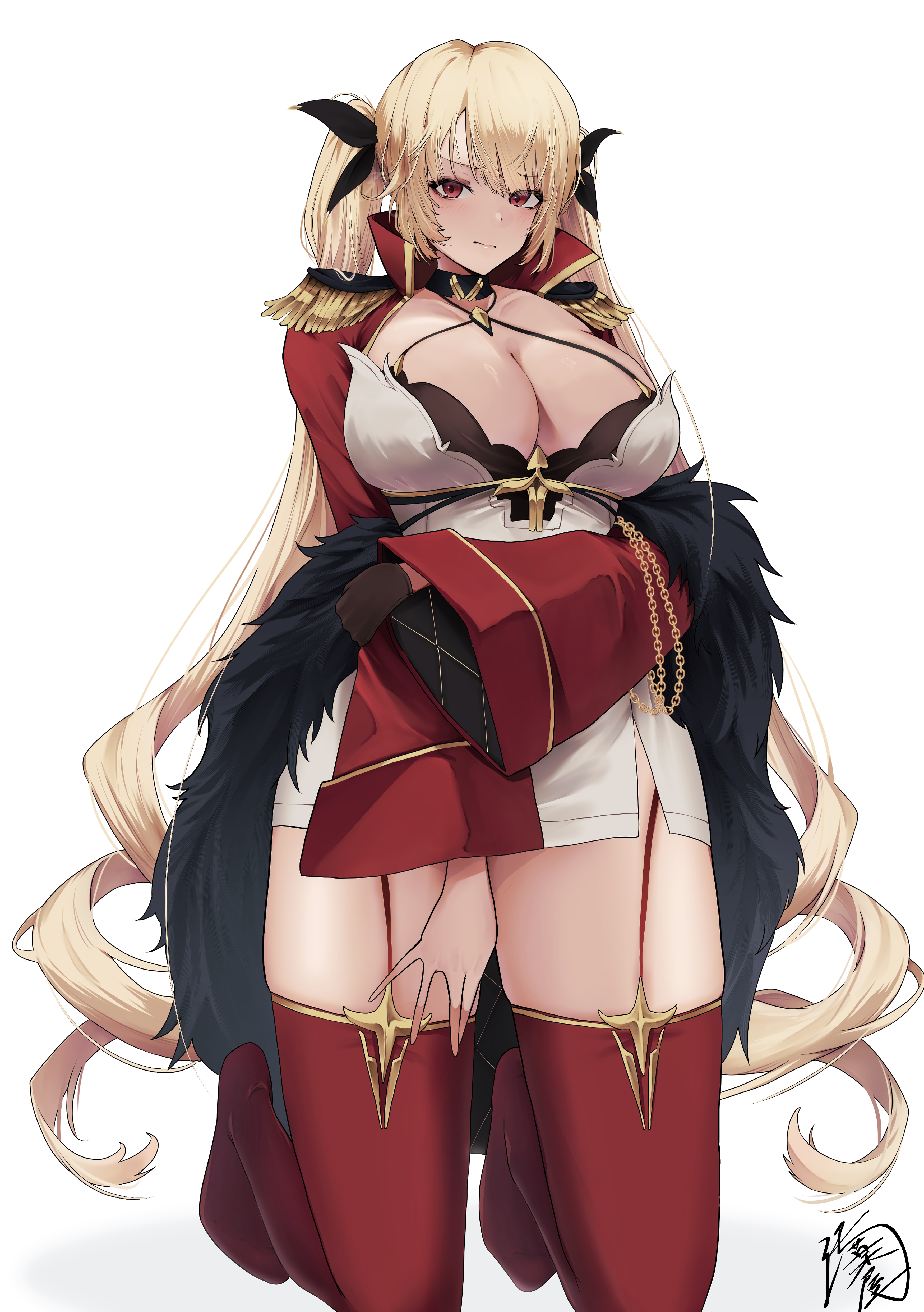 yagoro kusuriya, nelson (azur lane), nelson (retrofit) (azur lane), azur lane, absurdres, commentary request, highres, 1girl, black gloves, blonde hair, breasts, cleavage, coat, dress, drill hair, epaulettes, gloves, large breasts, long hair, long sleeves, microdress, red coat, red eyes, red thighhighs, signature, simple background, single glove, solo, thick thighs, thighhighs, thighs, twintails, very long hair, white background