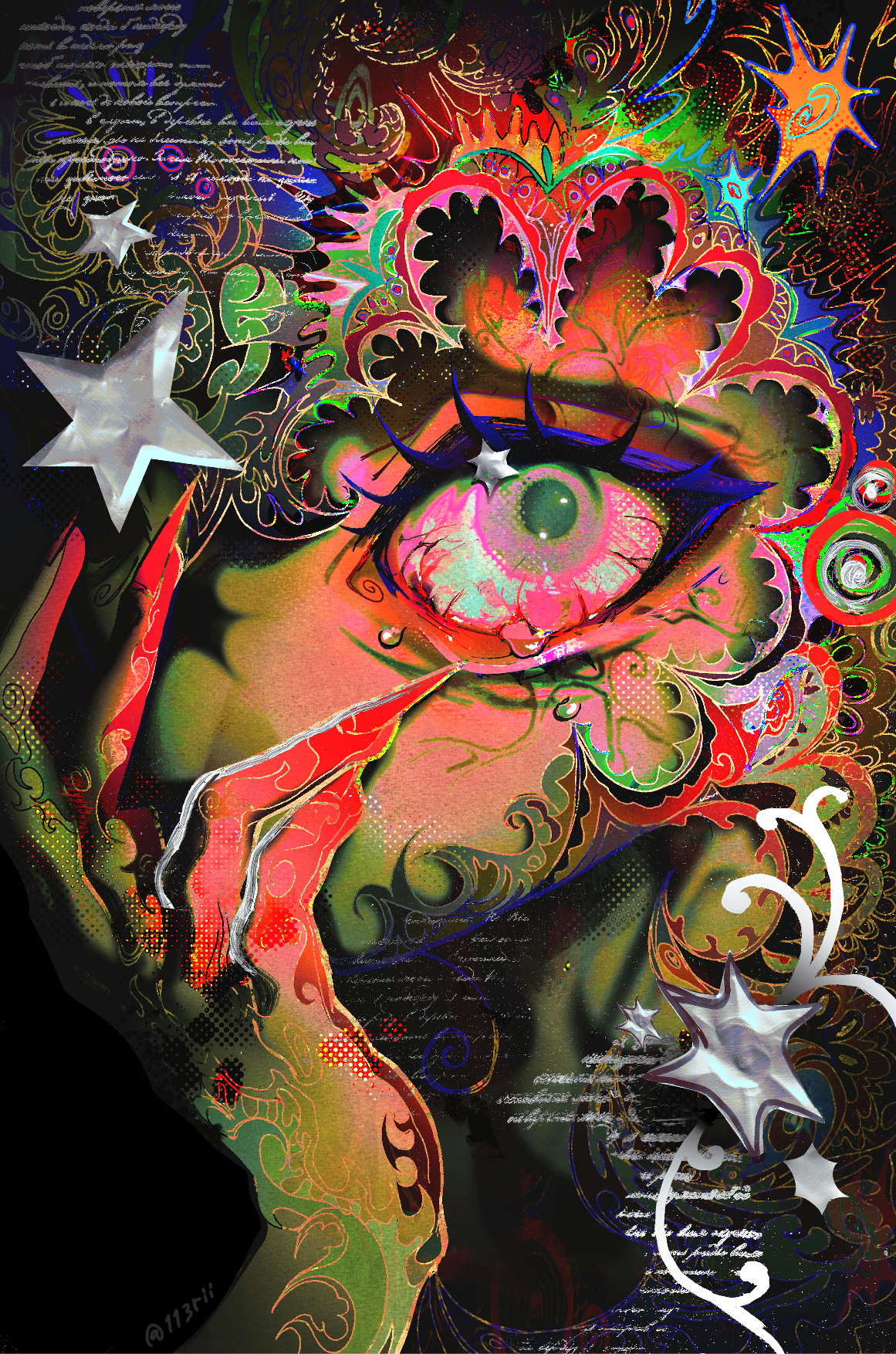 113rii, original, commentary, highres, 1girl, abstract background, cursive, eye focus, fingernails, sharp fingernails, solo, star (symbol), tears, twitter username