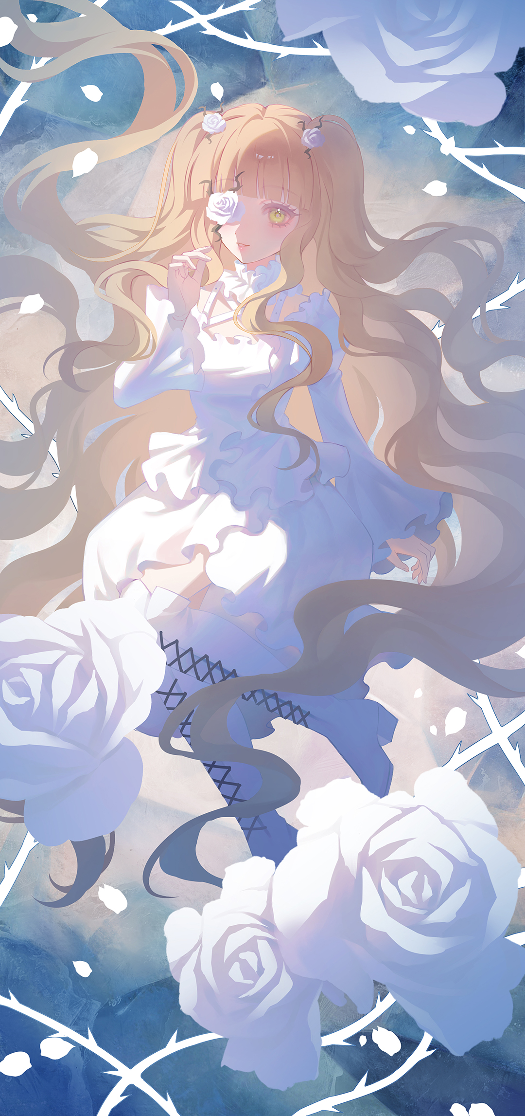 yingsu jiang, kirakishou, rozen maiden, commentary request, highres, 1girl, blonde hair, boots, dress, eyepatch, flower, flower over eye, frills, hair flower, hair ornament, lace-up boots, lolita fashion, long hair, long sleeves, looking at viewer, rose, solo, thigh boots, two side up, very long hair, white boots, white flower, white rose