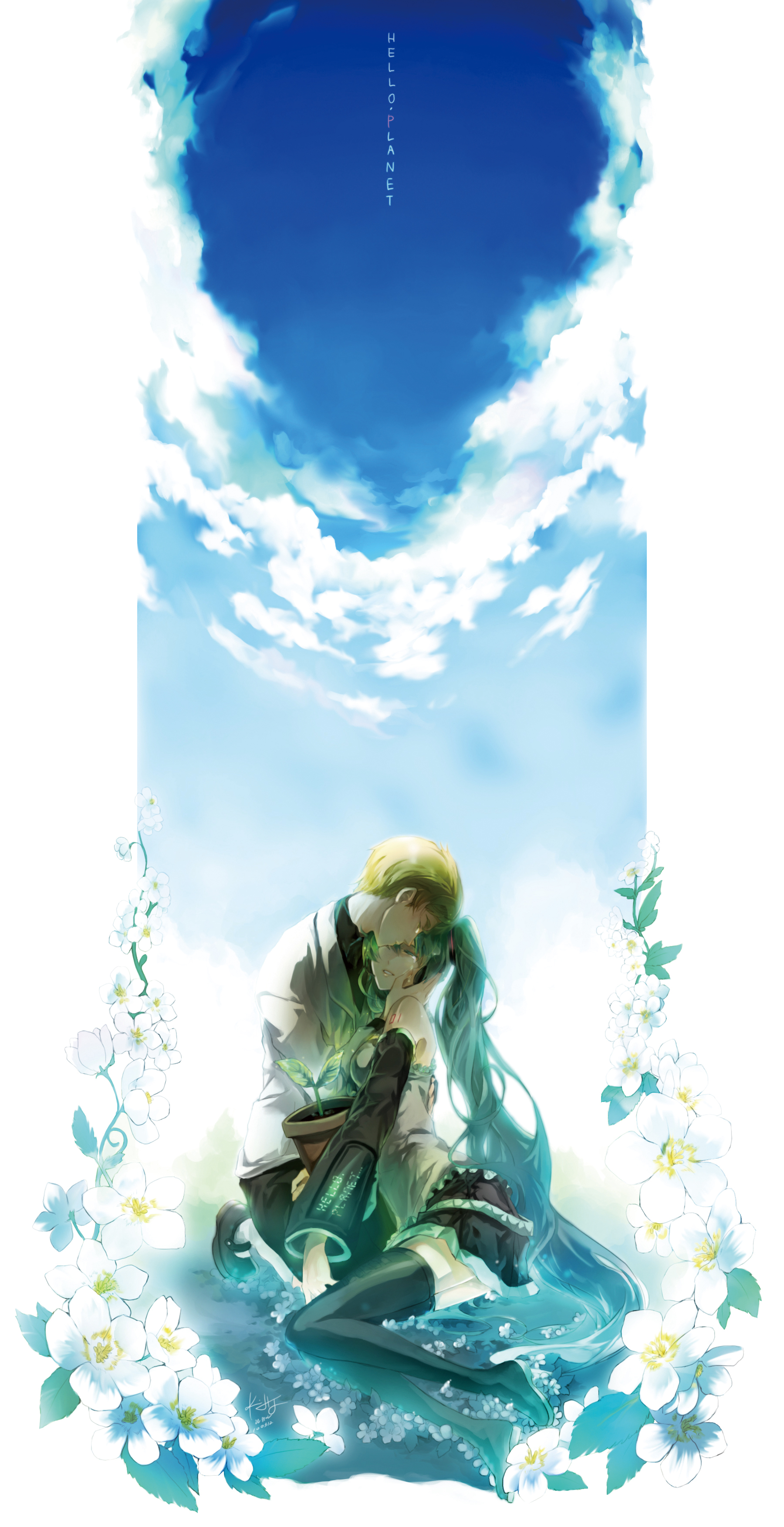 rahwia, hatsune miku, hello planet (vocaloid), niconico, vocaloid, pot, absurdres, highres, long image, tall image, 1boy, 1girl, aqua hair, blonde hair, cloud, day, detached sleeves, hetero, hug, long hair, plant, sitting, skirt, sky, smile, tears, thighhighs, twintails, very long hair, zettai ryouiki