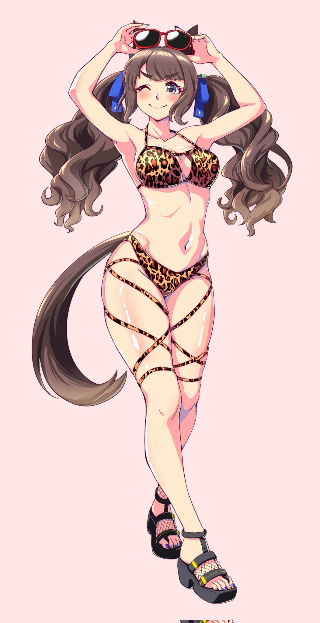 kasuta.net, tosen jordan (umamusume), umamusume, commentary request, hashtag-only commentary, highres, 1girl, alternate costume, animal ears, armpits, arms up, bikini, blue eyes, blush, breasts, brown hair, cleavage, closed mouth, collarbone, fingernails, full body, hair between eyes, hair ornament, horse ears, horse girl, long hair, looking at viewer, navel, one eye closed, simple background, smile, standing, sunglasses, swimsuit